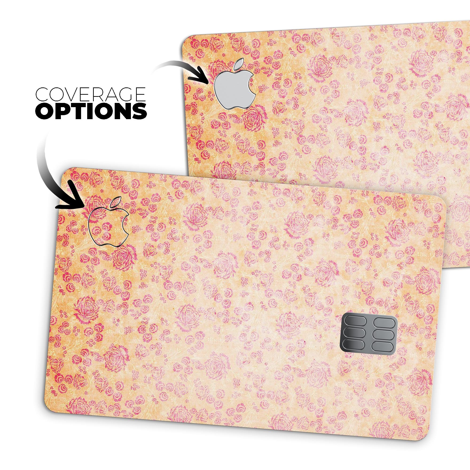 Coral and pink faded flower field decal skin for Apple Card, showcasing vibrant floral design and premium vinyl material.