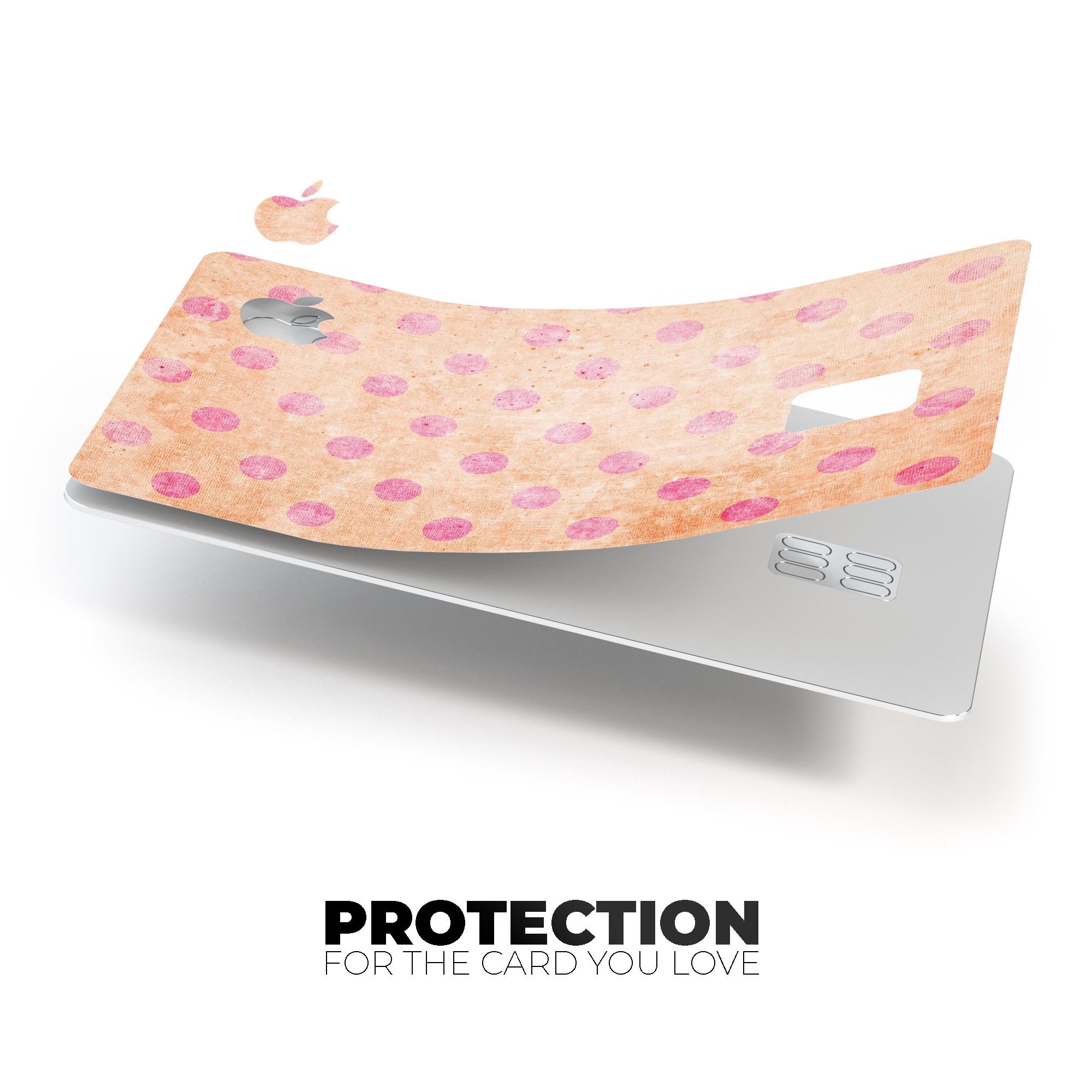 Coral and pink scratched polka dots protective decal for Apple Card, showcasing vibrant colors and stylish design.