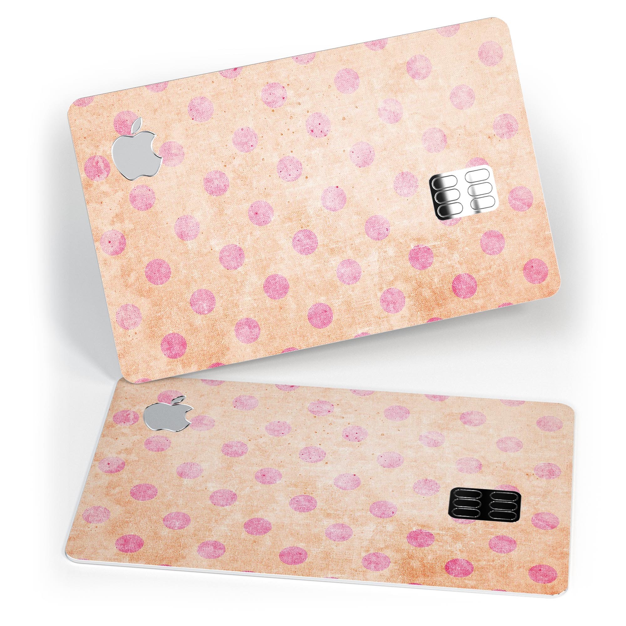 Coral and pink scratched polka dots protective decal for Apple Card, showcasing vibrant colors and stylish design.