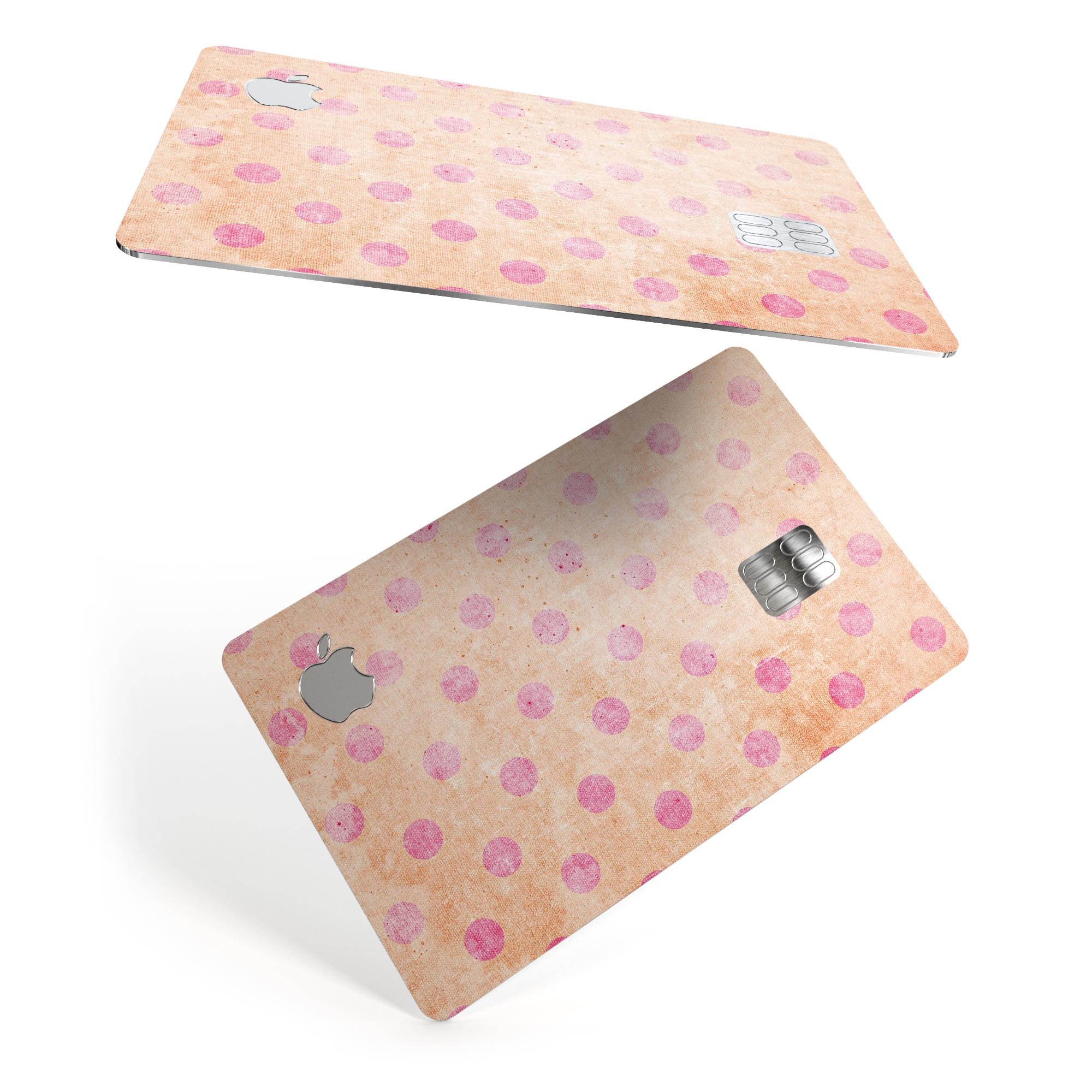 Coral and pink scratched polka dots protective decal for Apple Card, showcasing vibrant colors and stylish design.