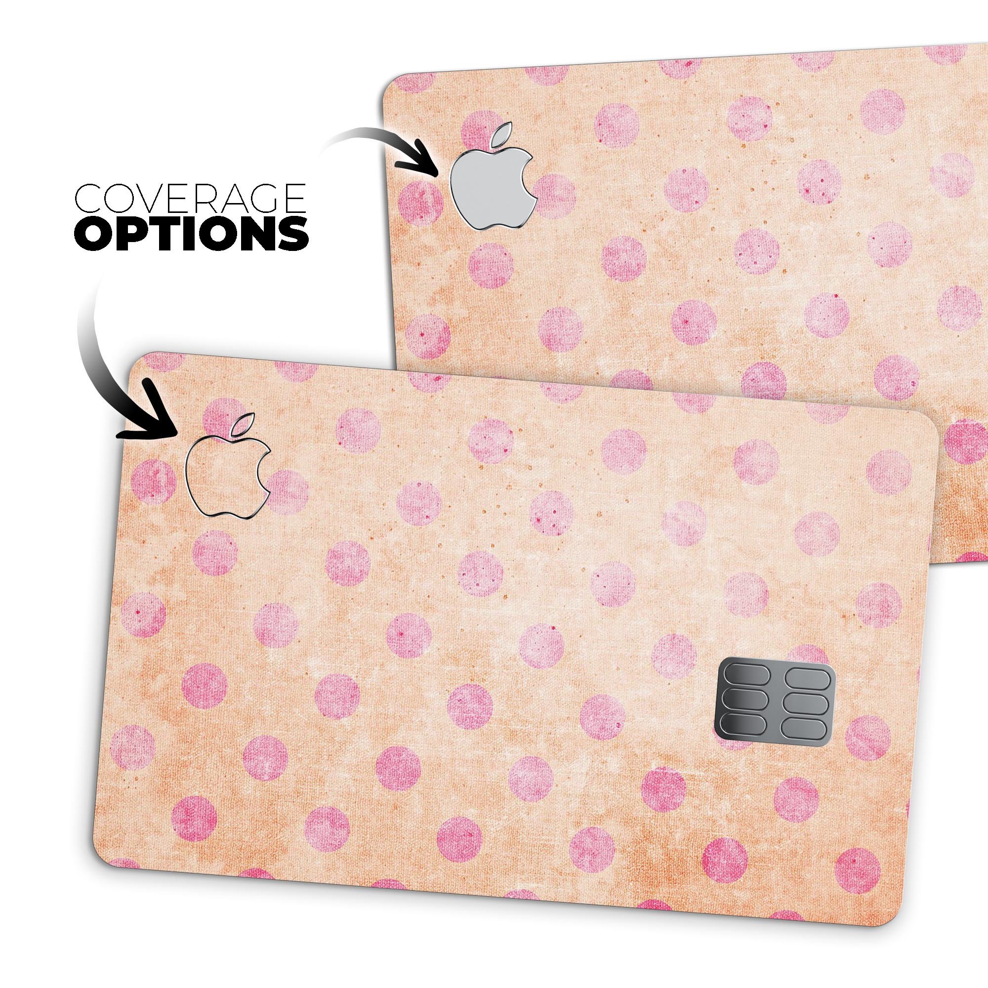 Coral and pink scratched polka dots protective decal for Apple Card, showcasing vibrant colors and stylish design.