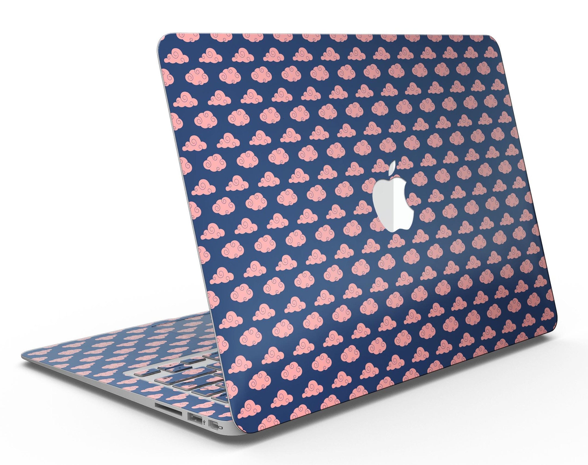 Coral Micro Cloud Swirls skin kit for MacBook Air, showcasing vibrant coral patterns over a navy background.