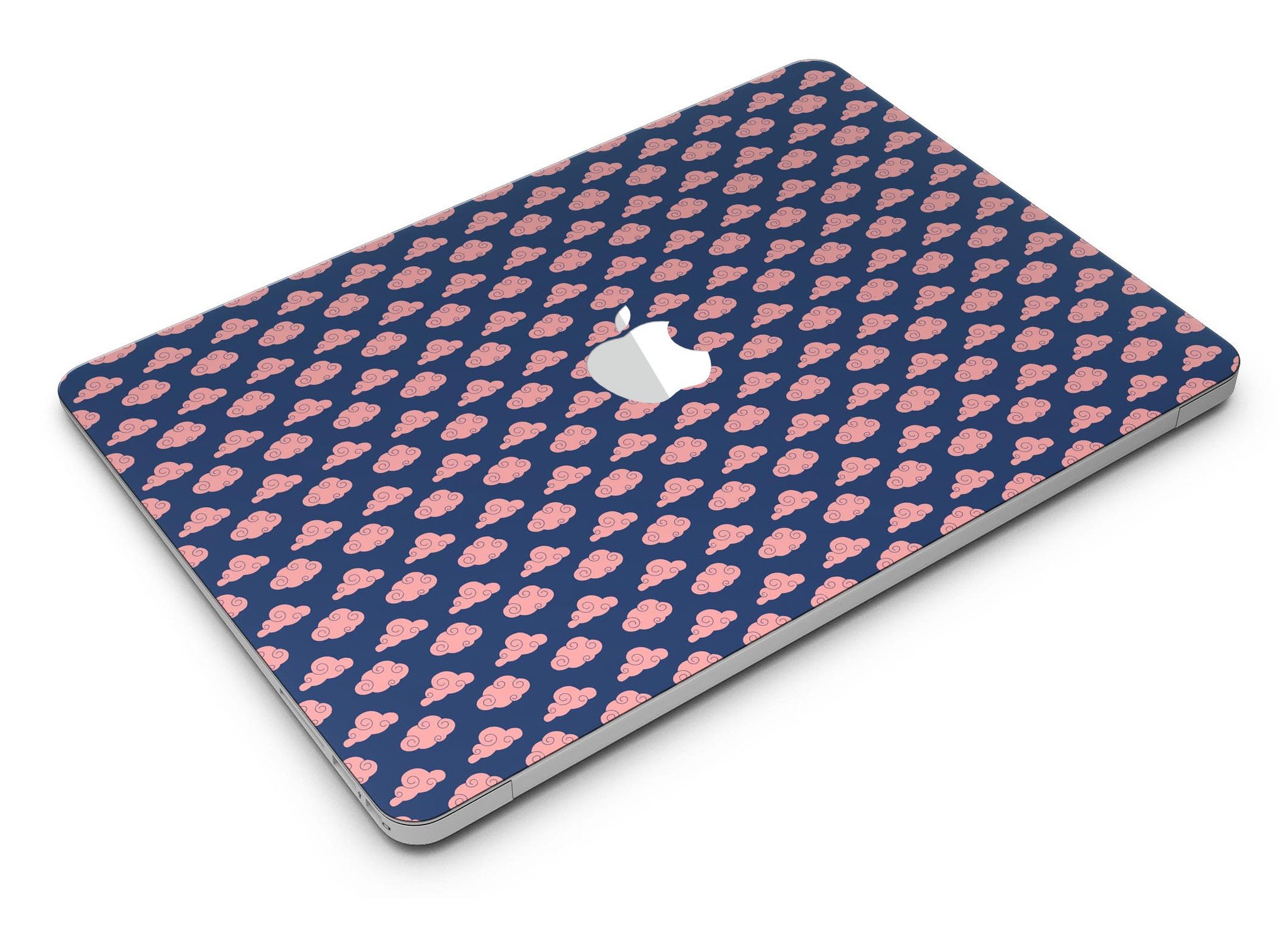 Coral Micro Cloud Swirls skin kit for MacBook Air, showcasing vibrant coral patterns over a navy background.