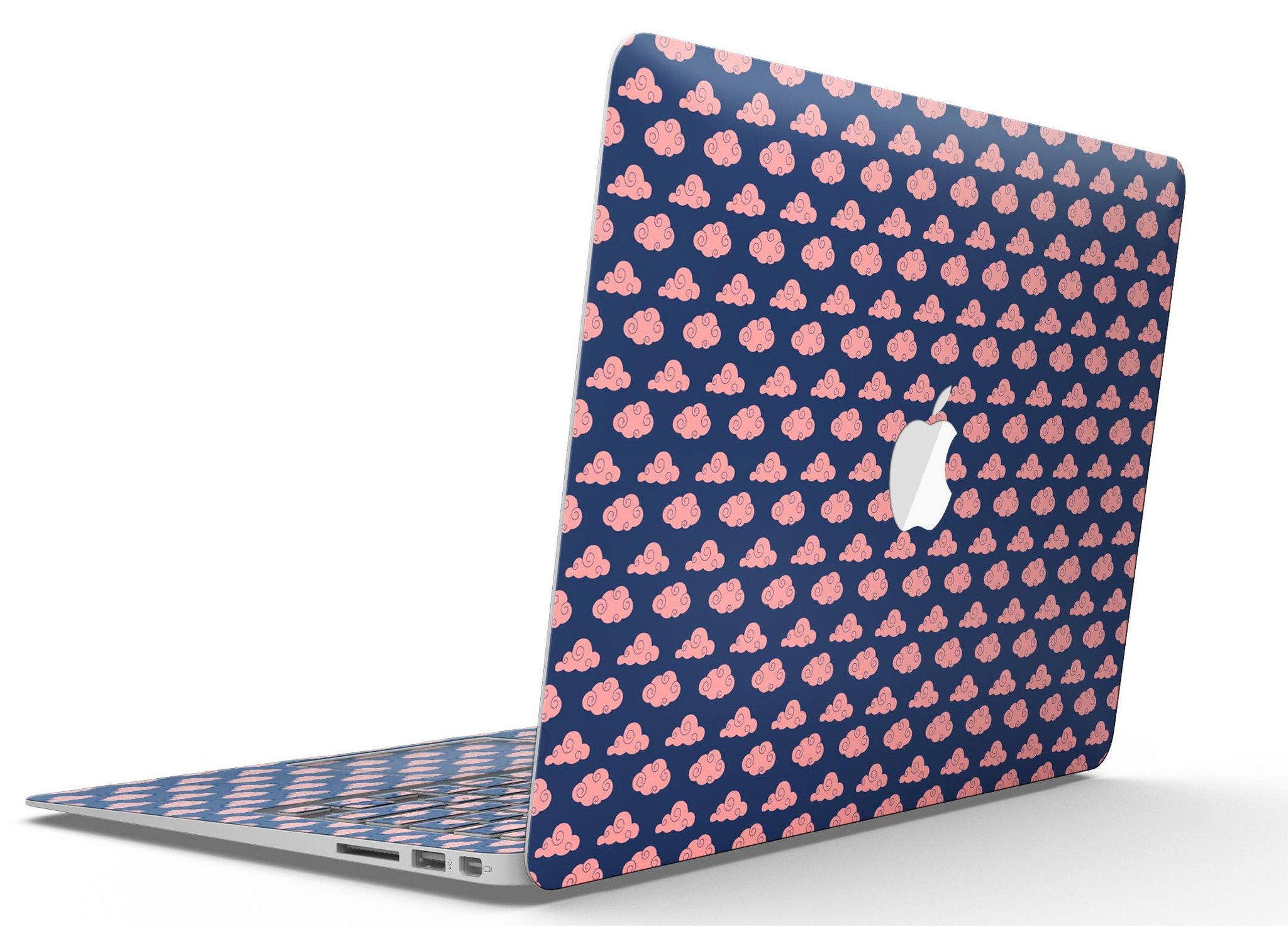 Coral Micro Cloud Swirls skin kit for MacBook Air, showcasing vibrant coral patterns over a navy background.