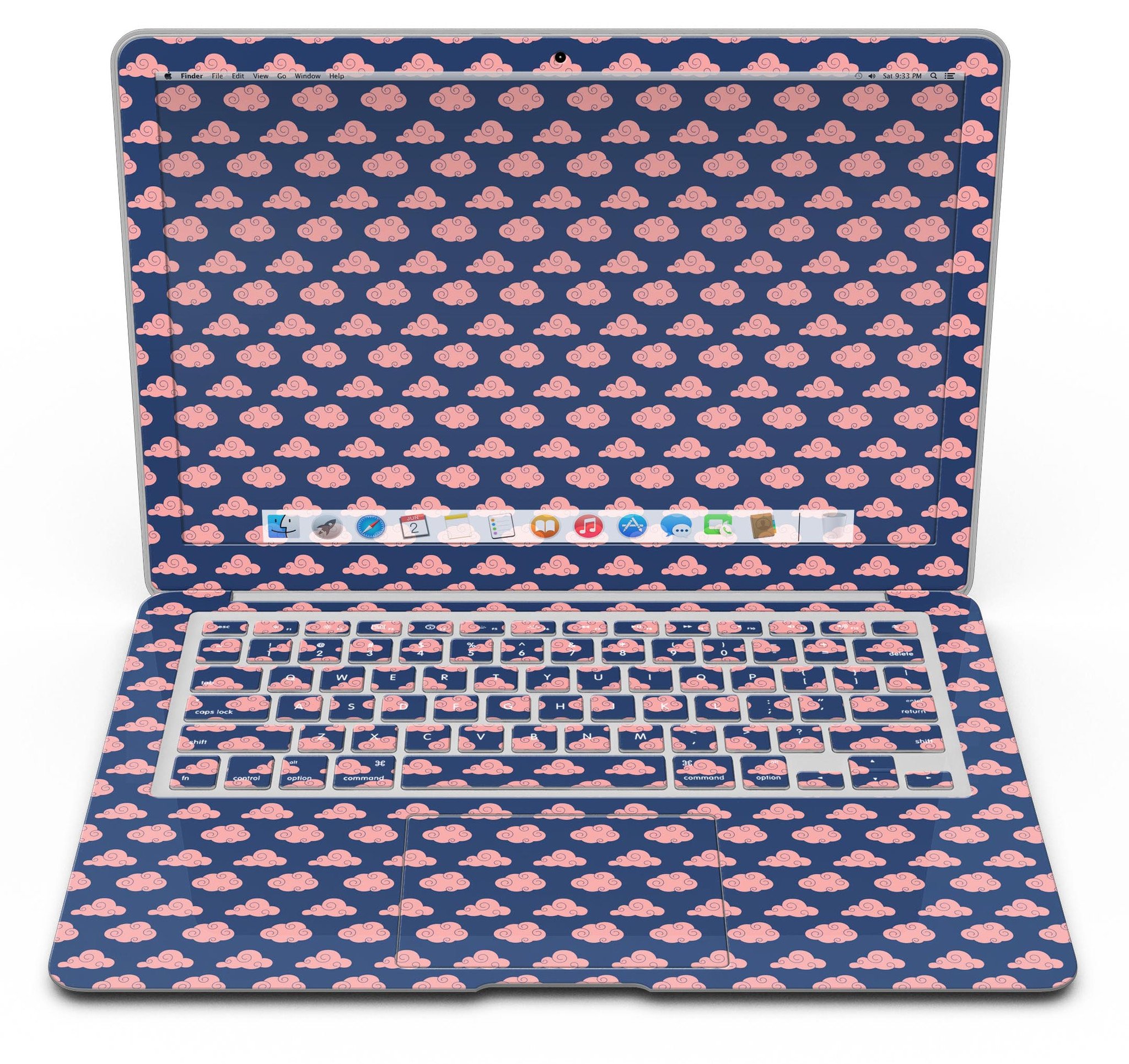 Coral Micro Cloud Swirls skin kit for MacBook Air, showcasing vibrant coral patterns over a navy background.