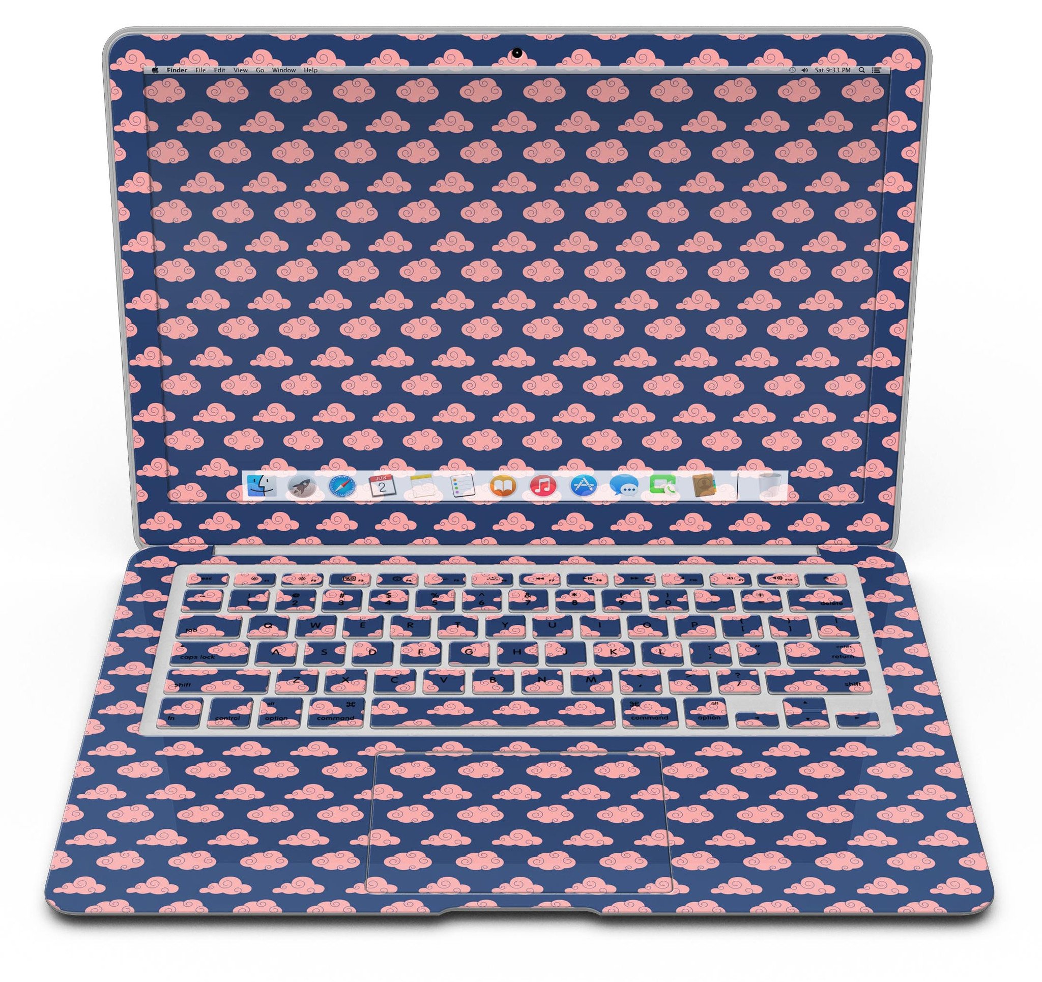 Coral Micro Cloud Swirls skin kit for MacBook Air, showcasing vibrant coral patterns over a navy background.