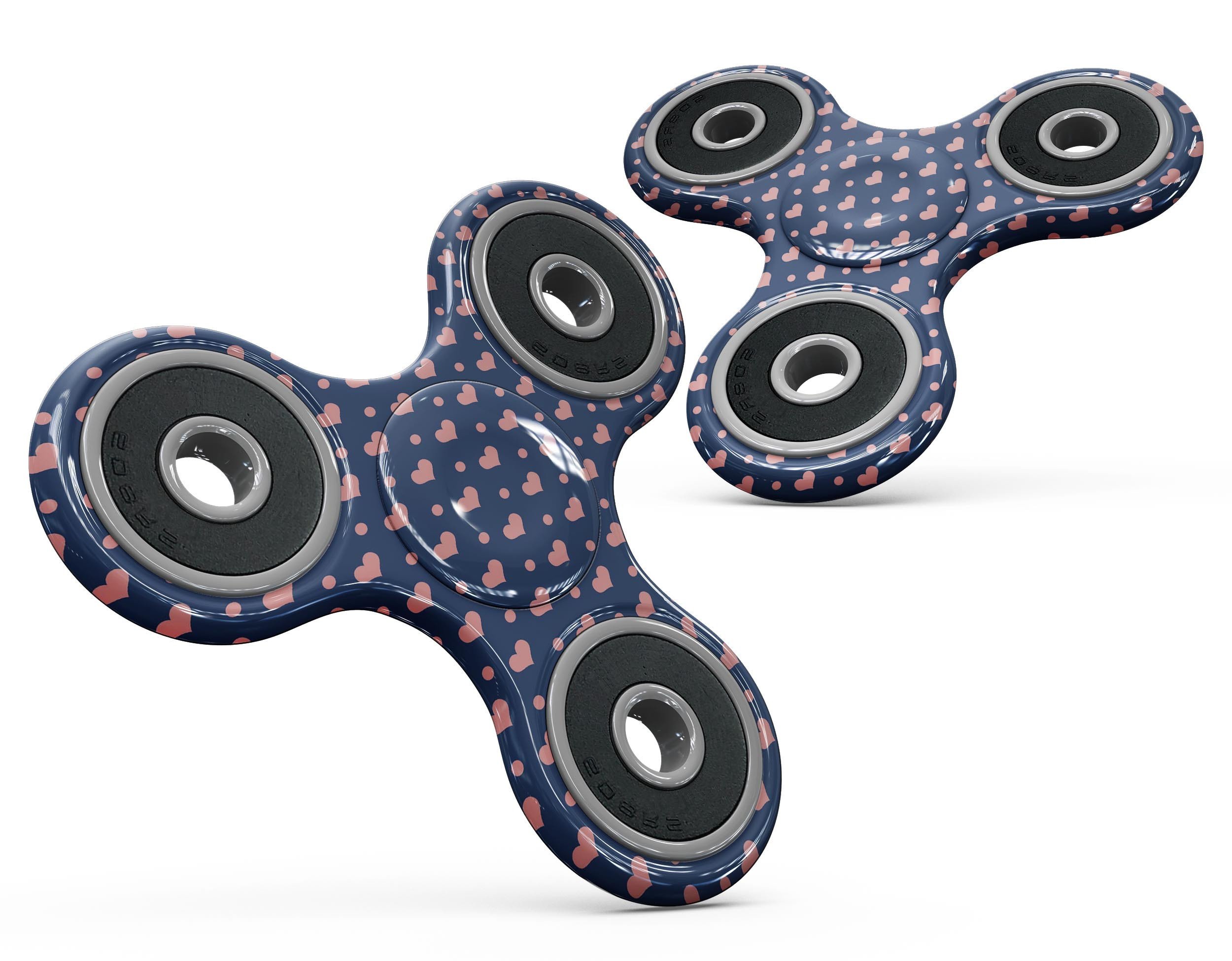 Coral Micro Hearts and Dots skin for fidget spinner, featuring a vibrant coral design over a navy background, showcasing durability and style.