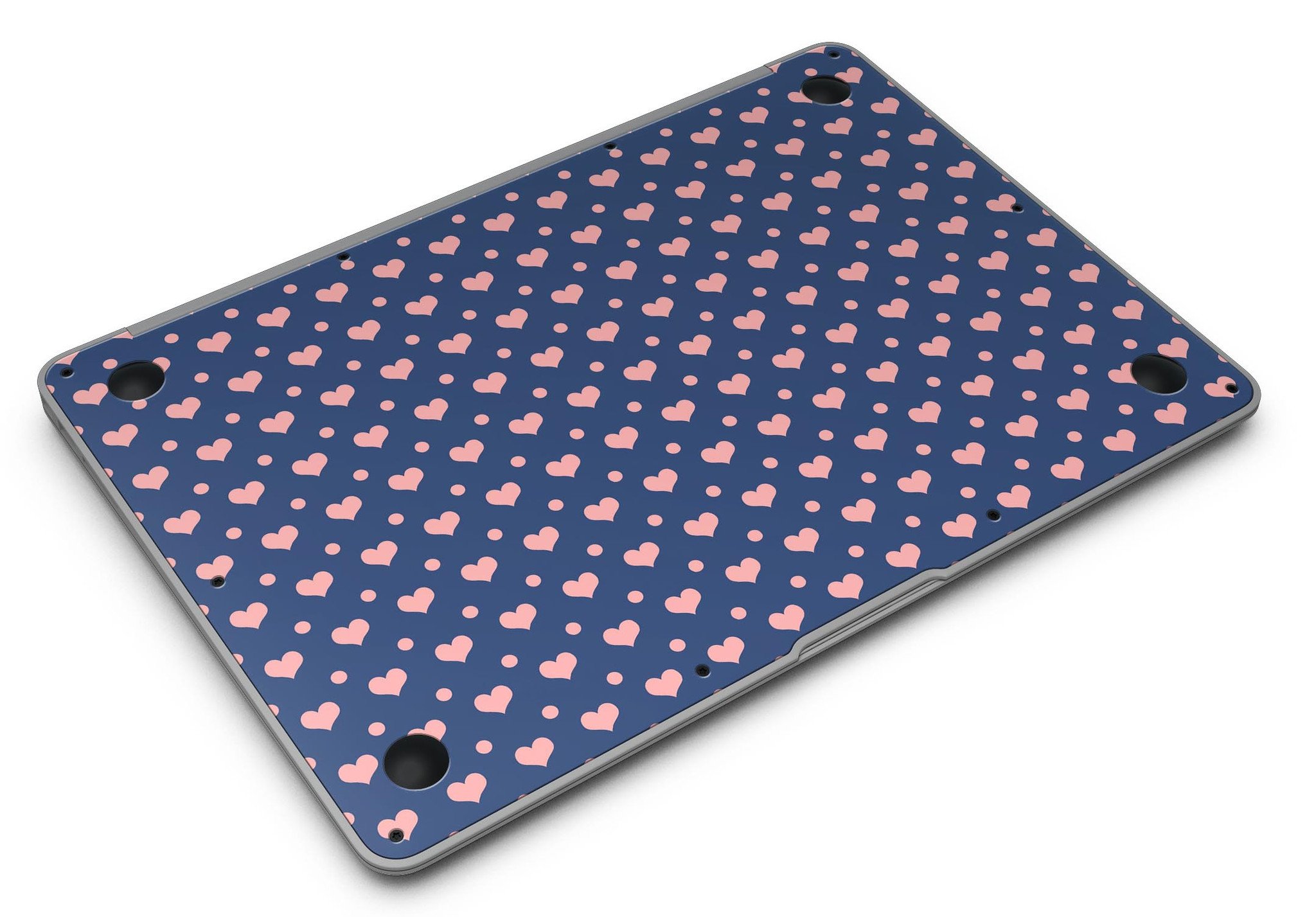 Coral Micro Hearts and Dots Skin Kit for MacBook Air, featuring a navy background with vibrant coral designs.