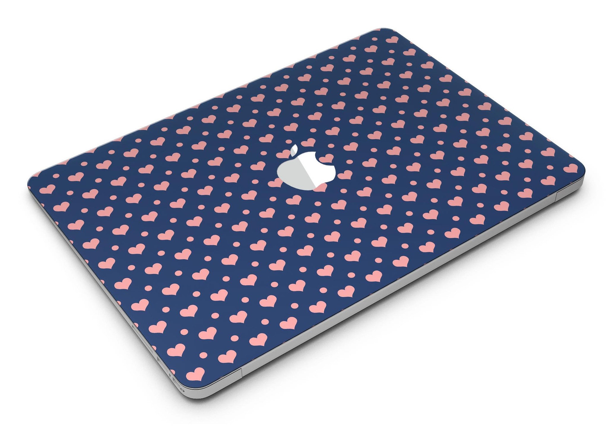 Coral Micro Hearts and Dots Skin Kit for MacBook Air, featuring a navy background with vibrant coral designs.