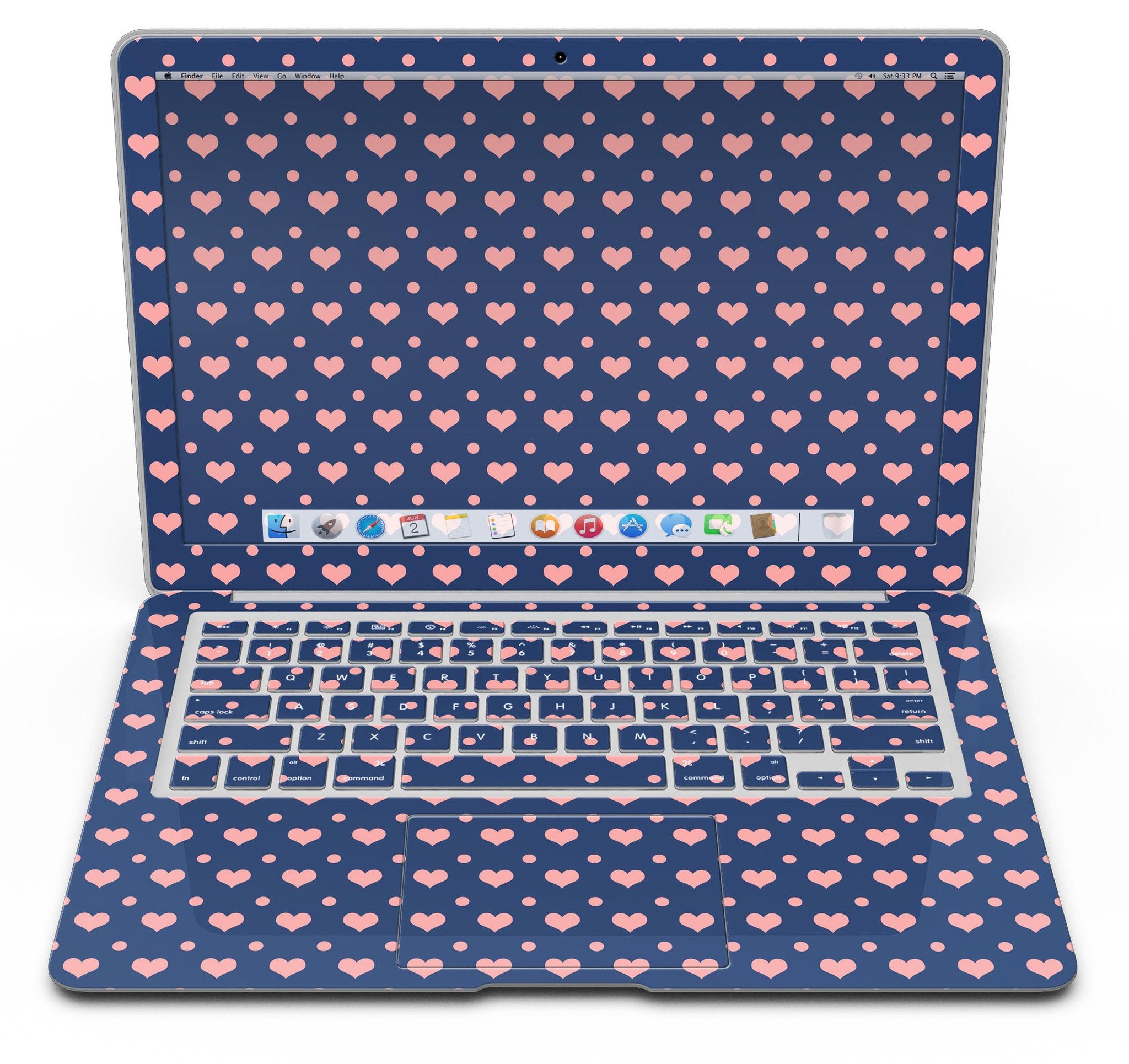 Coral Micro Hearts and Dots Skin Kit for MacBook Air, featuring a navy background with vibrant coral designs.