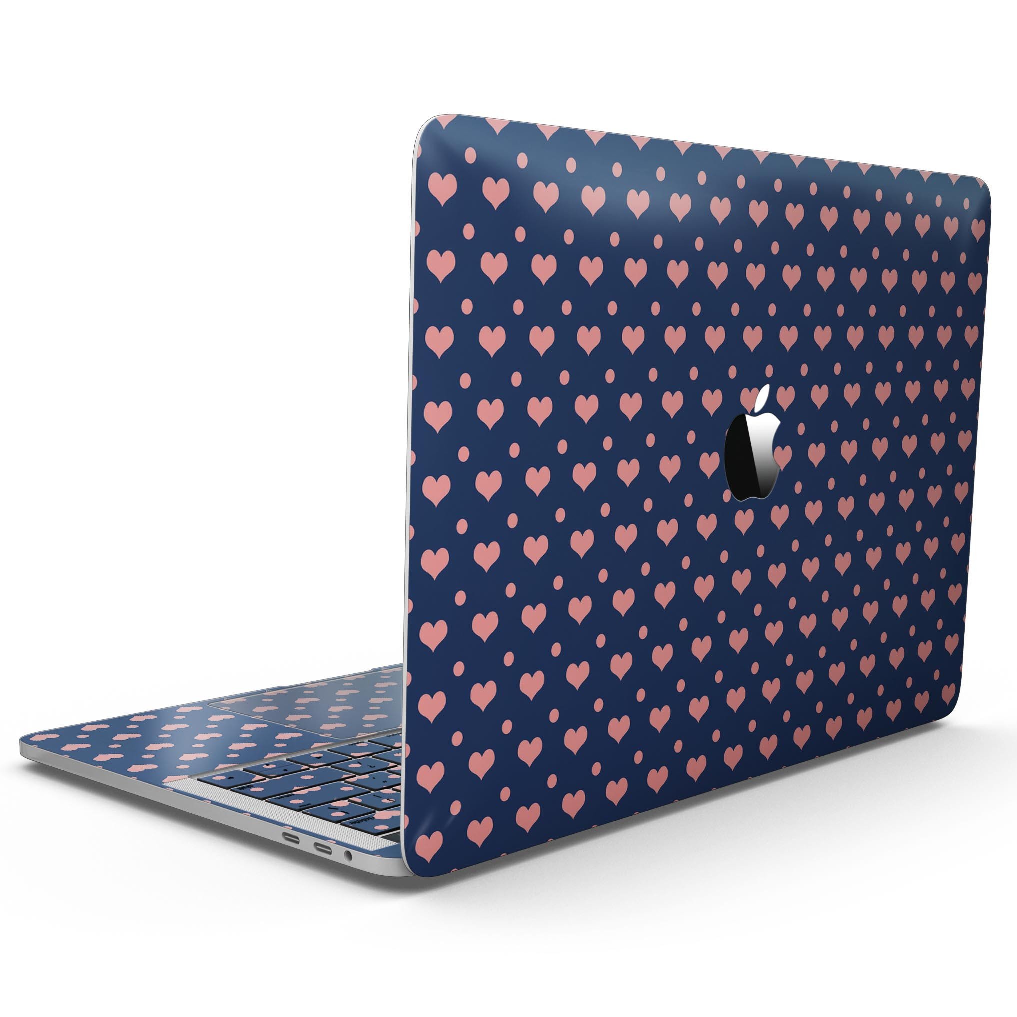 Coral Micro Hearts and Dots skin for MacBook Pro with Touch Bar, showcasing a vibrant design on a navy background.