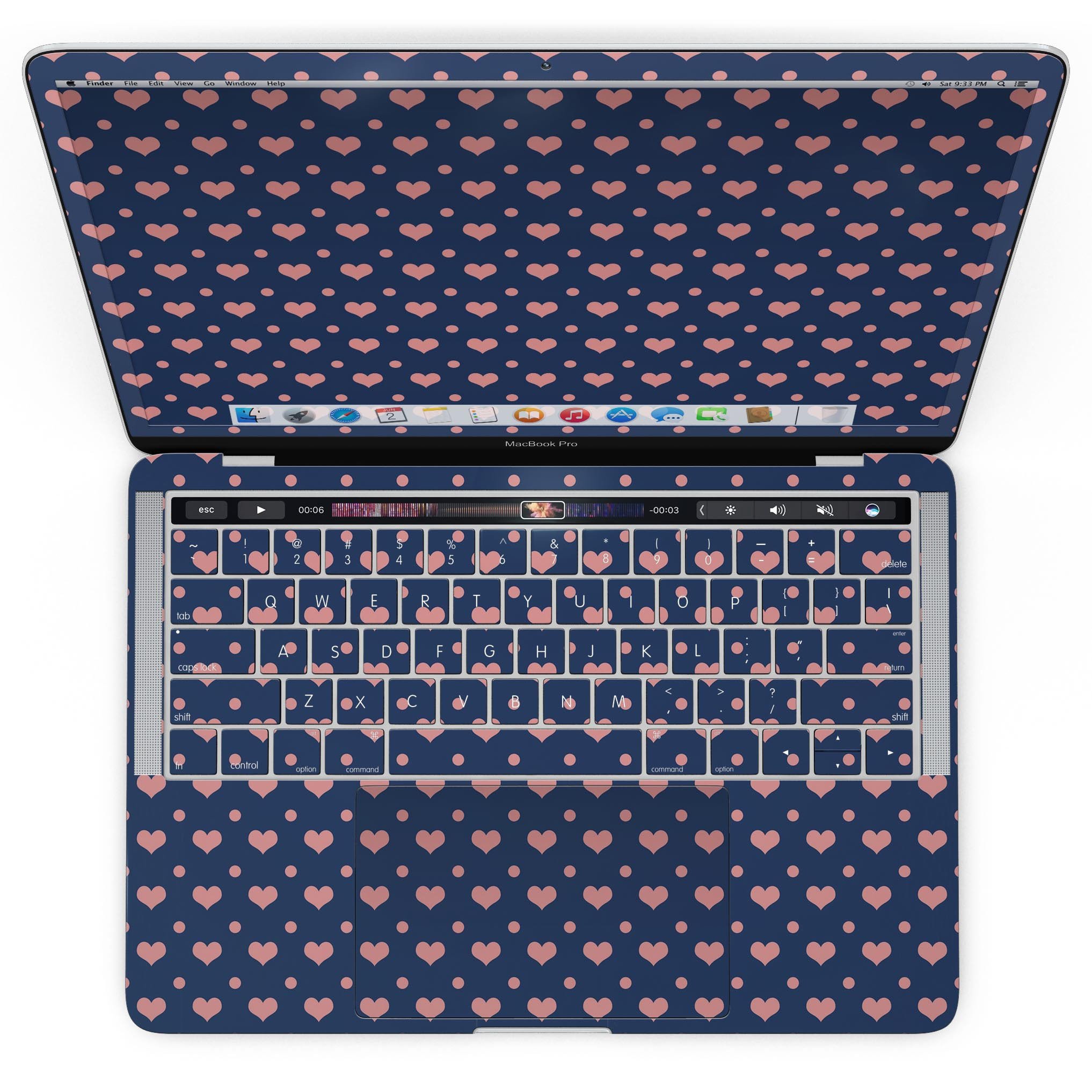 Coral Micro Hearts and Dots skin for MacBook Pro with Touch Bar, showcasing a vibrant design on a navy background.