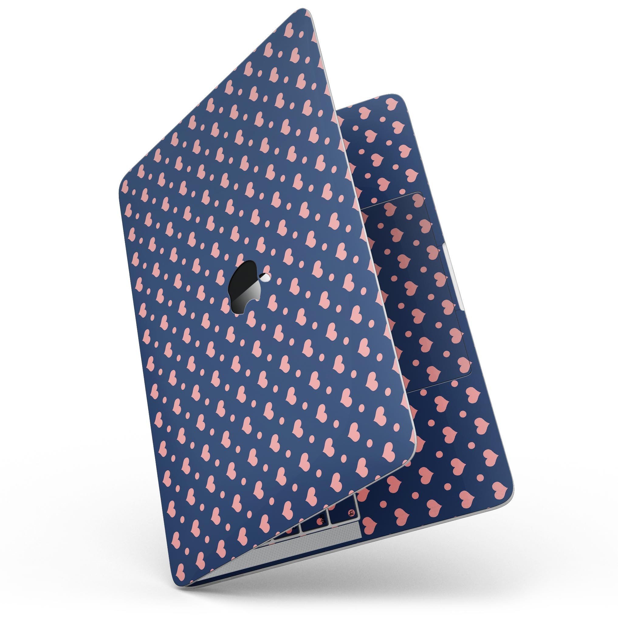 Coral Micro Hearts and Dots skin for MacBook Pro with Touch Bar, showcasing a vibrant design on a navy background.