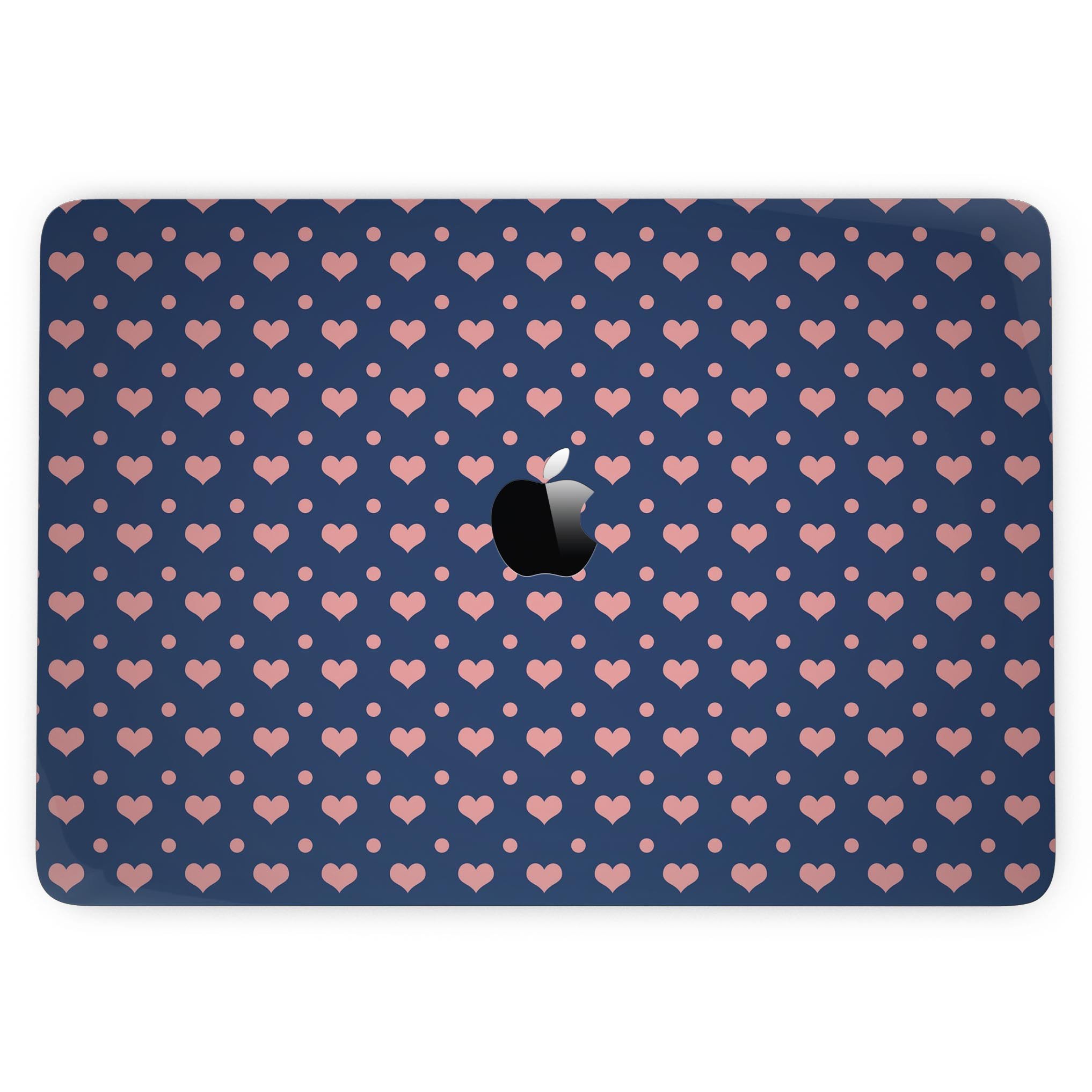 Coral Micro Hearts and Dots skin for MacBook Pro with Touch Bar, showcasing a vibrant design on a navy background.