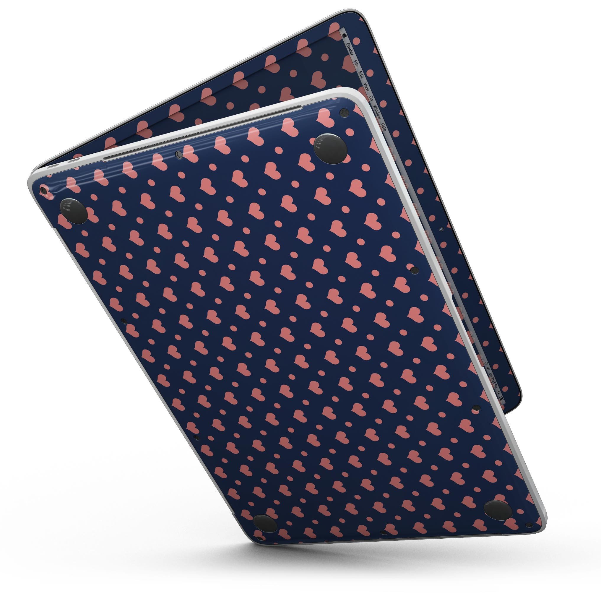 Coral Micro Hearts and Dots skin for MacBook Pro with Touch Bar, showcasing a vibrant design on a navy background.