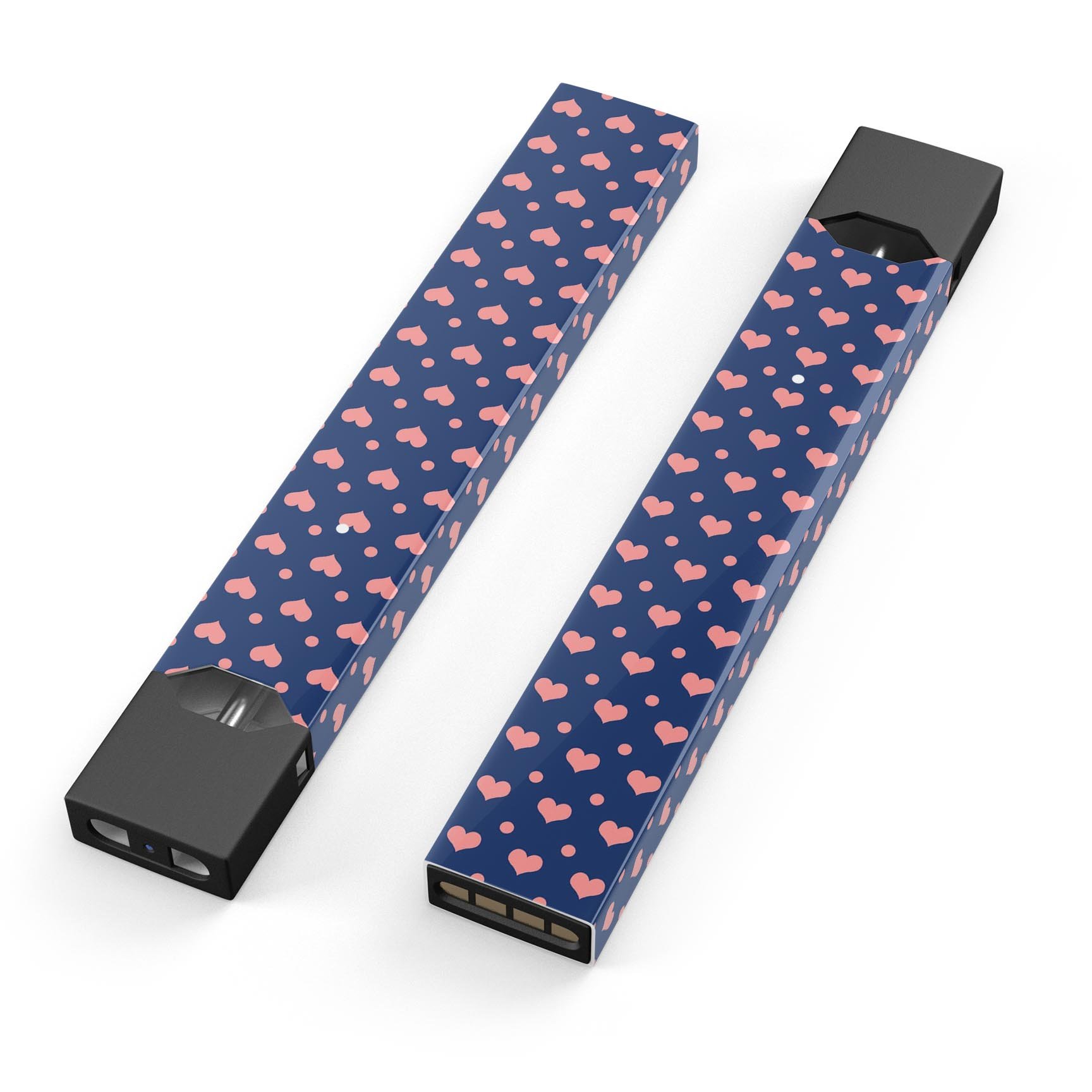 Coral Micro Hearts and Dots decal skin for JUUL device, featuring a navy background with vibrant coral patterns.