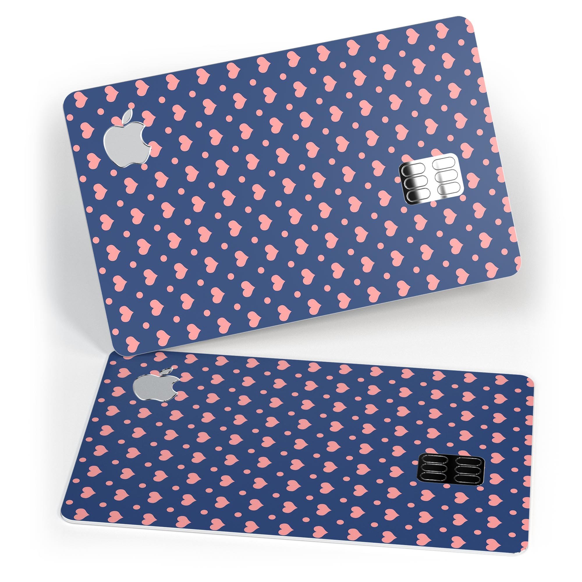 Coral Micro Hearts and Dots decal on a navy background, designed for Apple Card protection.