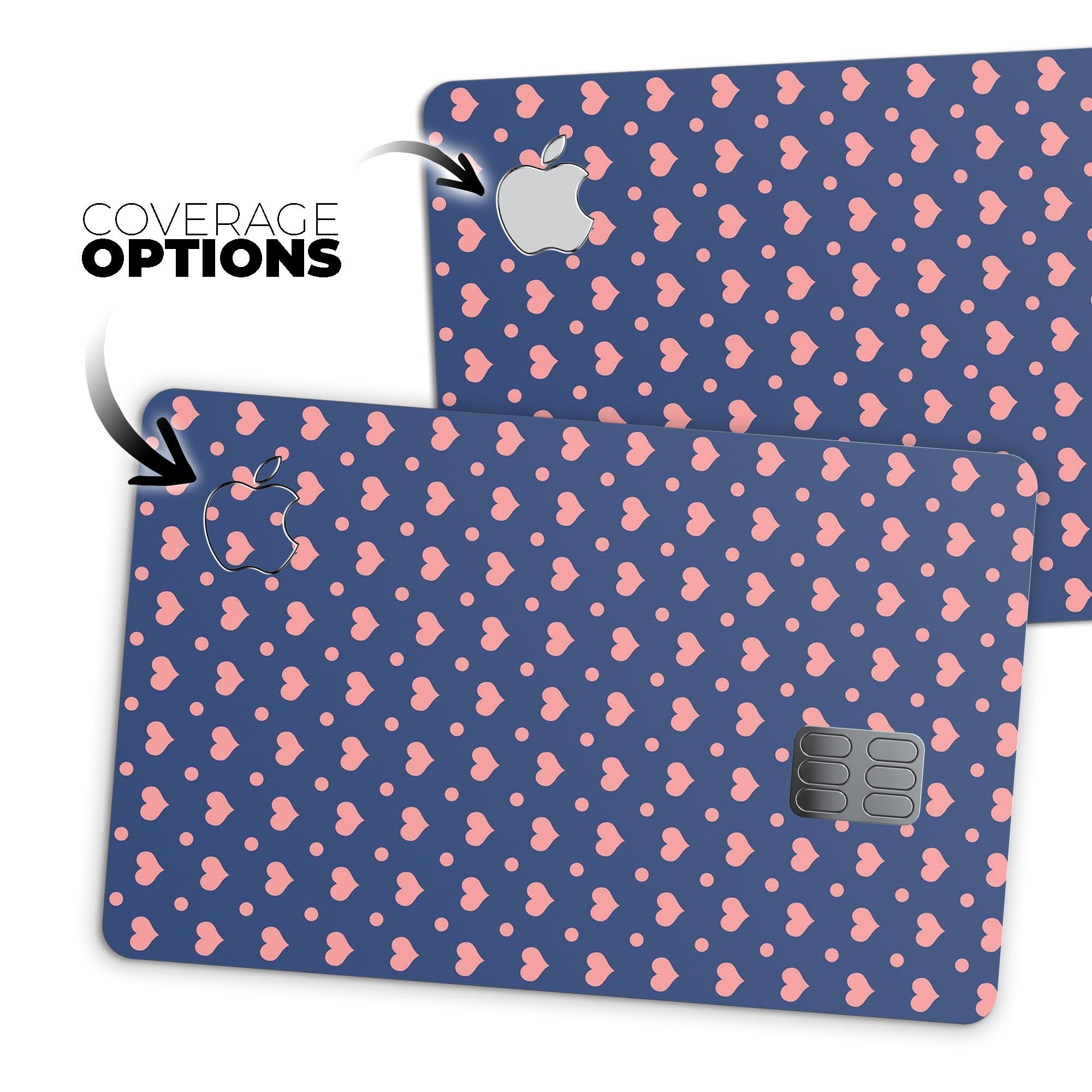 Coral Micro Hearts and Dots decal on a navy background, designed for Apple Card protection.