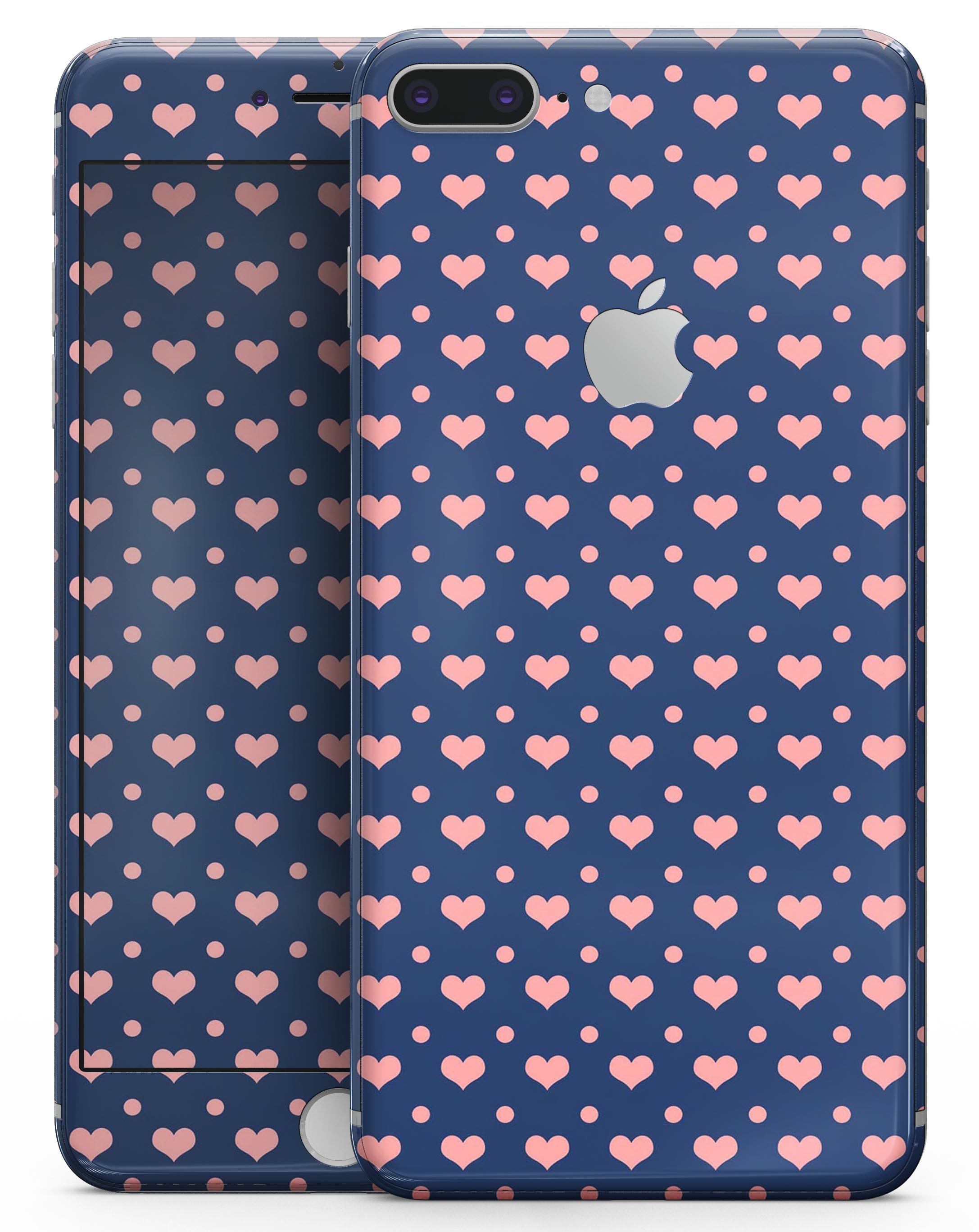 Coral Micro Hearts and Dots Skin-kit for iPhone 8 and 8 Plus, showcasing a vibrant design on a navy background.