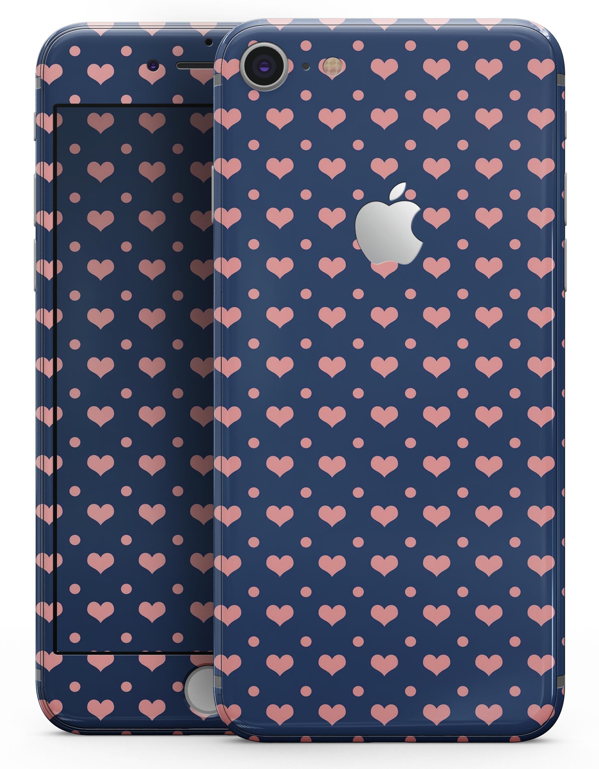 Coral Micro Hearts and Dots Skin-kit for iPhone 8 and 8 Plus, showcasing a vibrant design on a navy background.