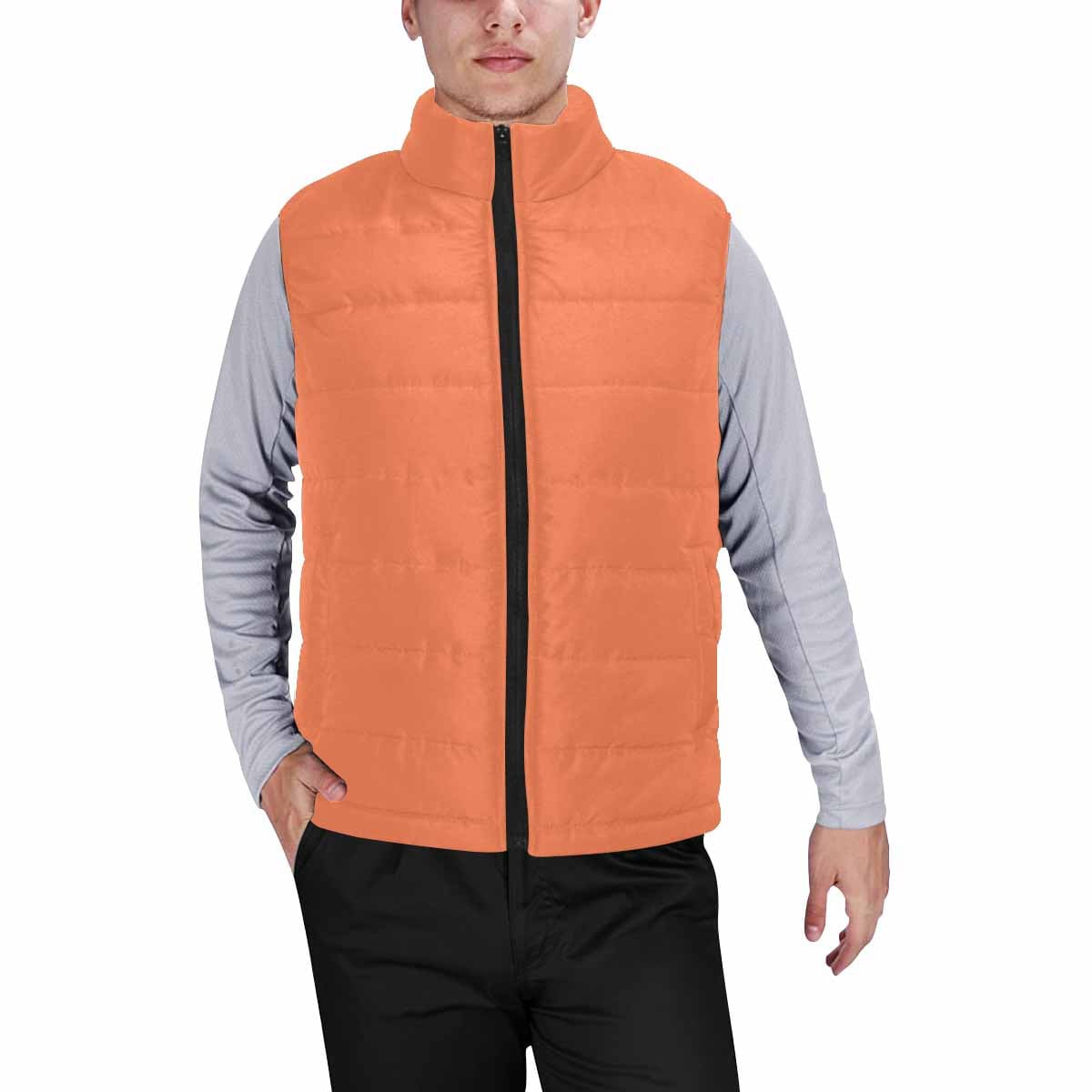 Coral Red Men's Padded Vest featuring a quilted design, sleeveless style, and zipper closure, perfect for layering in cool weather.