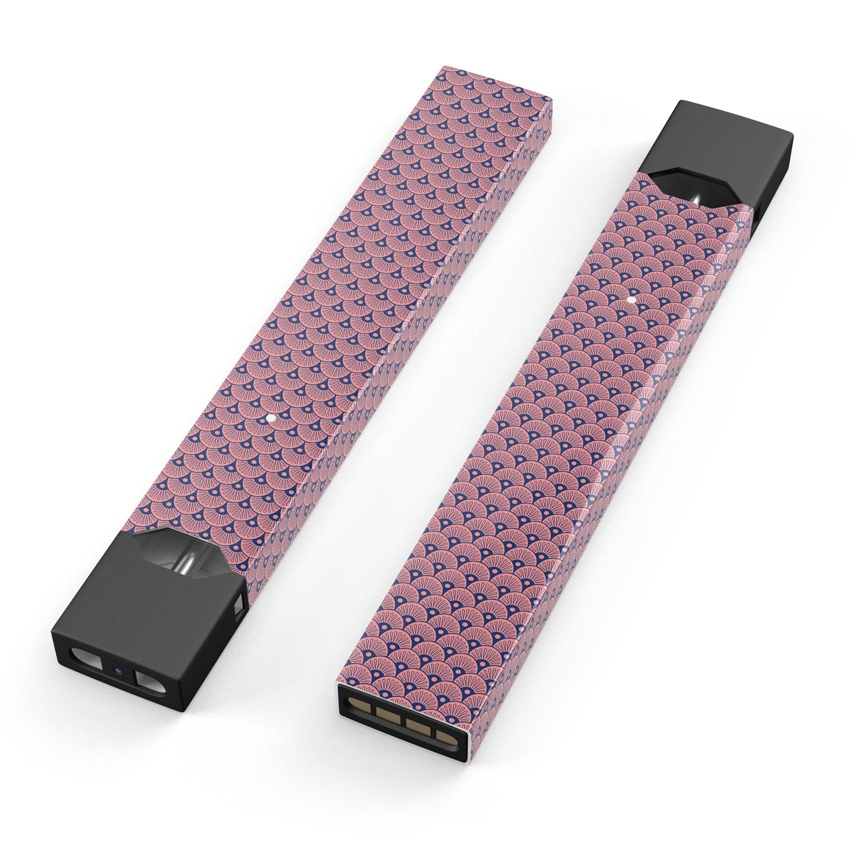 Coral SemiCircles skin-wrap for JUUL device, featuring a vibrant coral design over navy background, showcasing its precision cut and dual-layer construction.