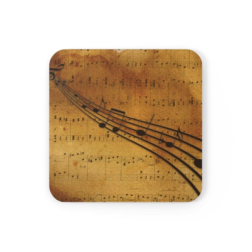 Corkwood Coaster Set featuring a brown musical note design, showcasing four coasters with a high-gloss finish and cork backing.