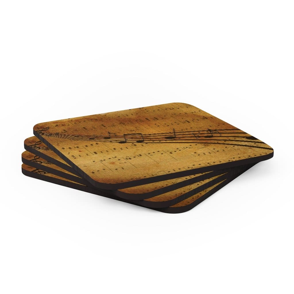 Corkwood Coaster Set featuring a brown musical note design, showcasing four coasters with a high-gloss finish and cork backing.