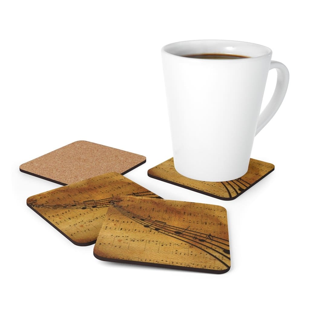 Corkwood Coaster Set featuring a brown musical note design, showcasing four coasters with a high-gloss finish and cork backing.