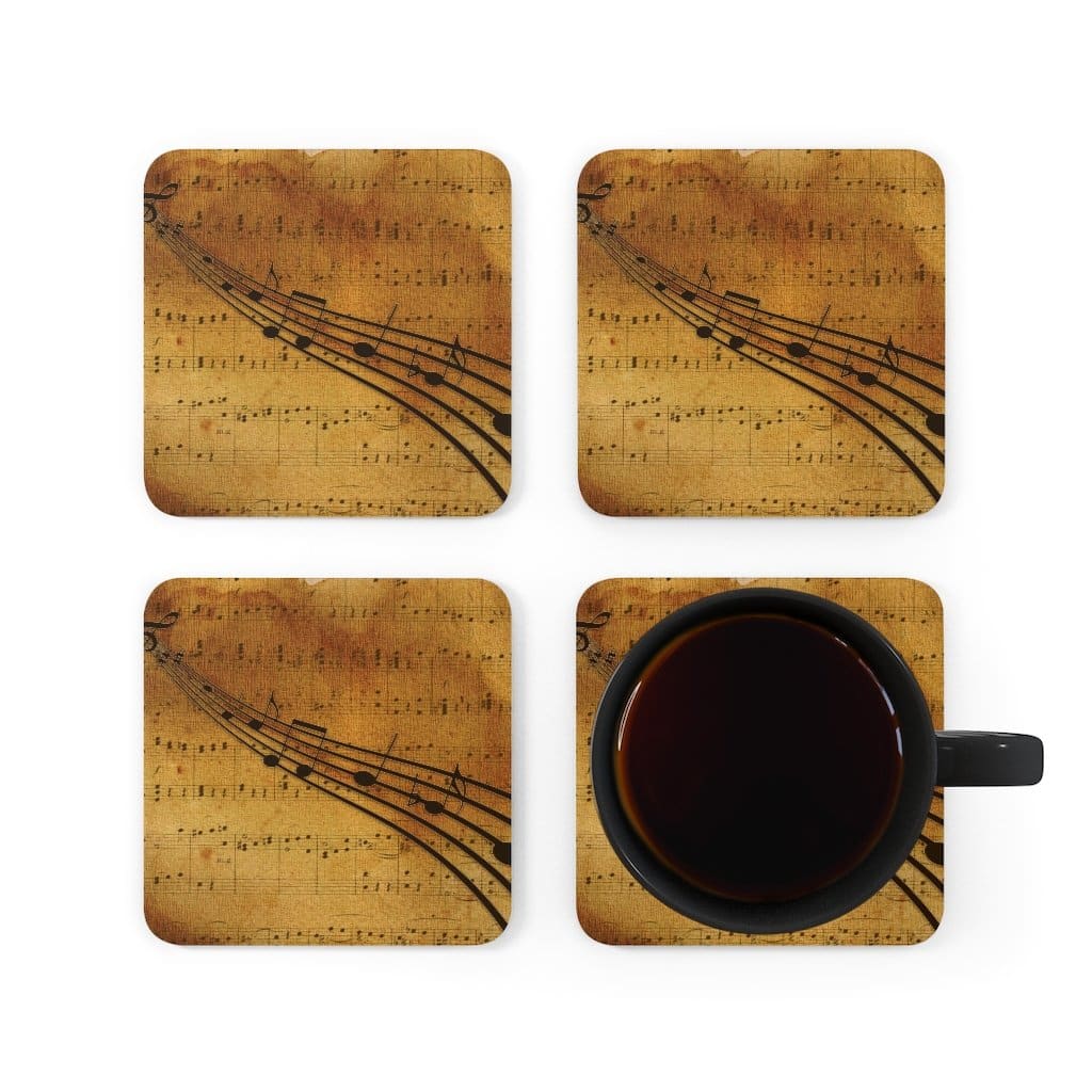 Corkwood Coaster Set featuring a brown musical note design, showcasing four coasters with a high-gloss finish and cork backing.