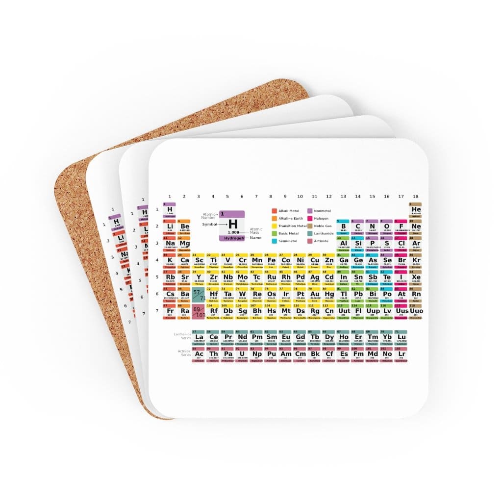 Corkwood Coaster Set featuring the Periodic Table of the Elements, showcasing a high-gloss finish and cork backing.