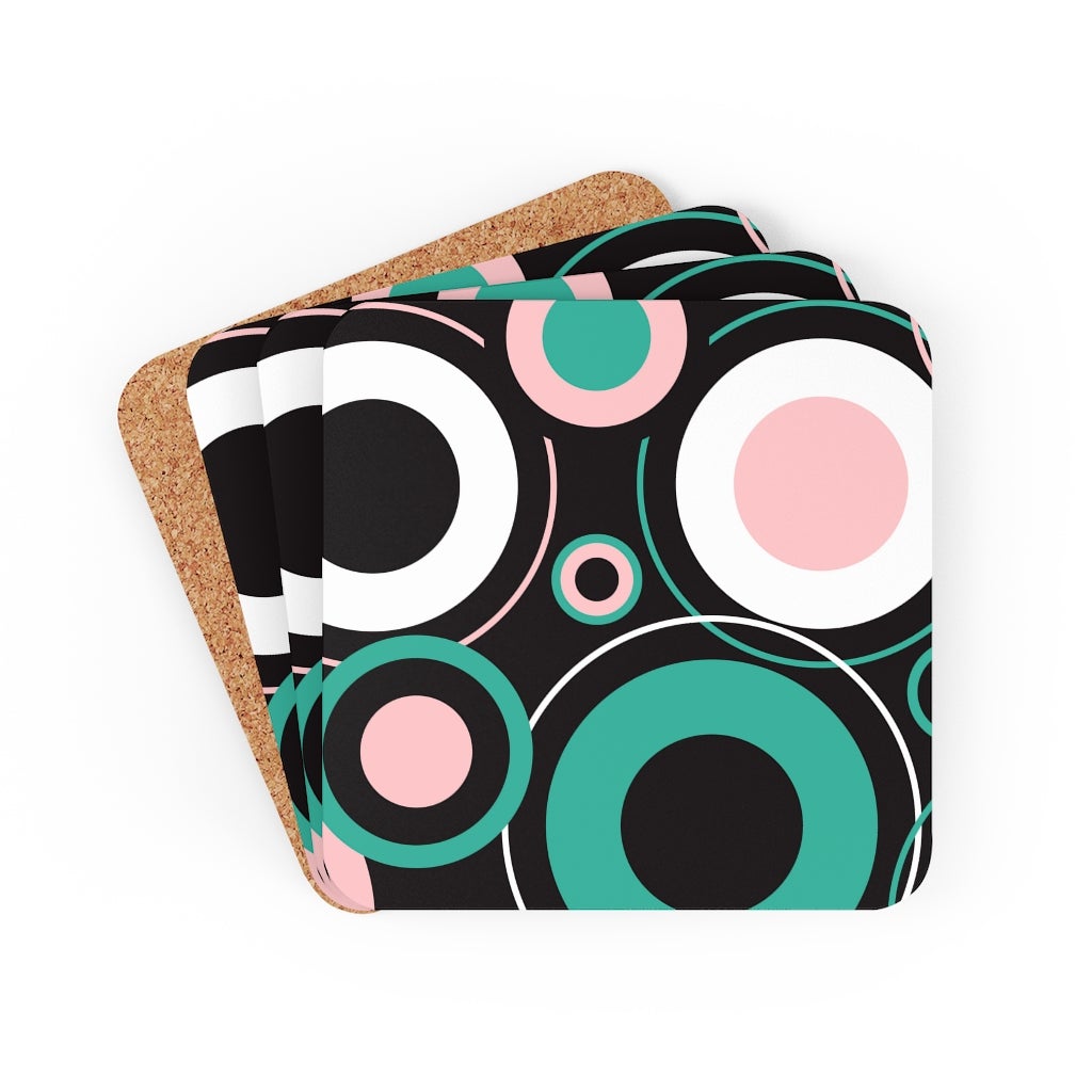 Corkwood Coaster Set featuring four circular coasters in black and green with a high-gloss finish and cork backing.