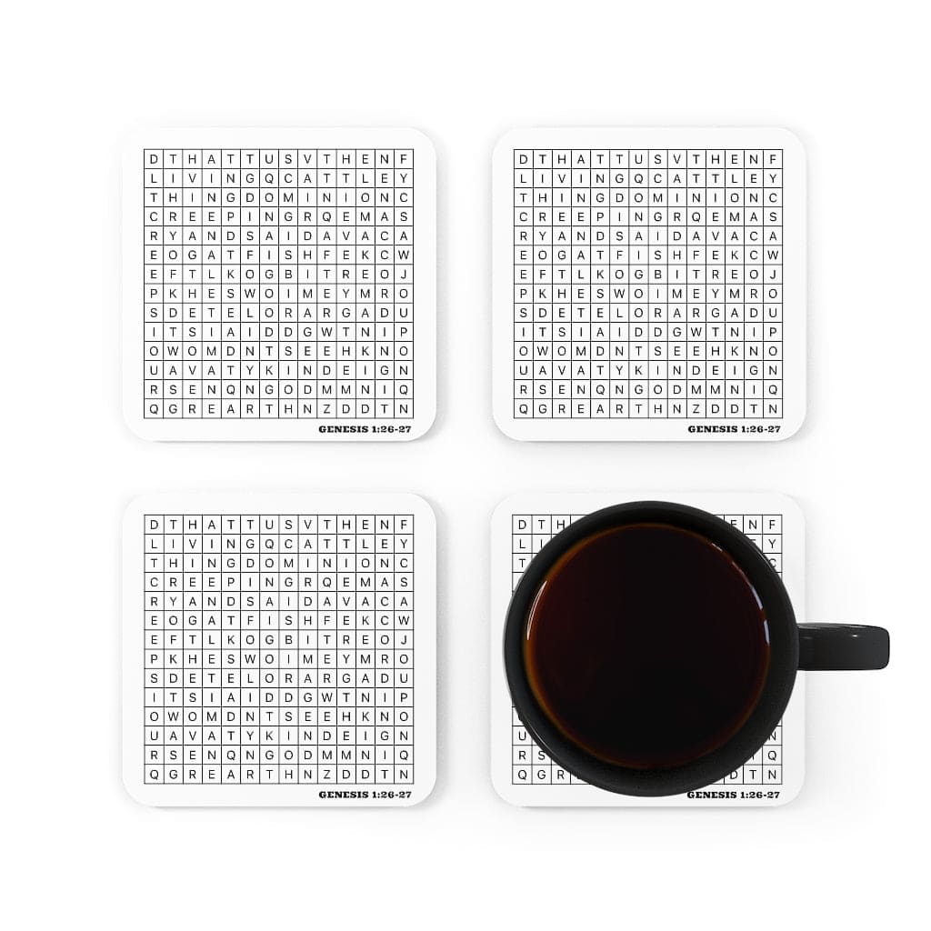 Corkwood Coaster Set featuring Genesis 1:26-27 graphic print, showcasing four elegant coasters with a high-gloss finish and cork backing.