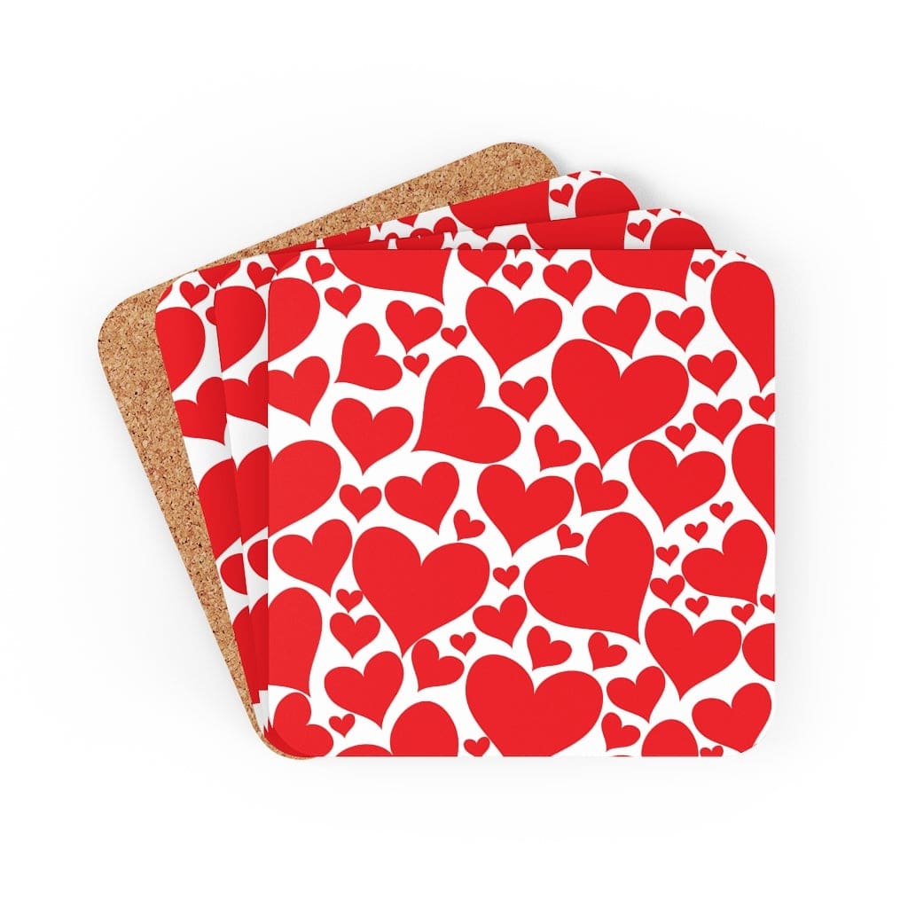 Corkwood Coasters 4 Piece Set featuring Love Red Hearts design, showcasing high-gloss finish and cork backing.