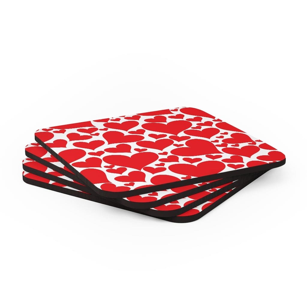 Corkwood Coasters 4 Piece Set featuring Love Red Hearts design, showcasing high-gloss finish and cork backing.