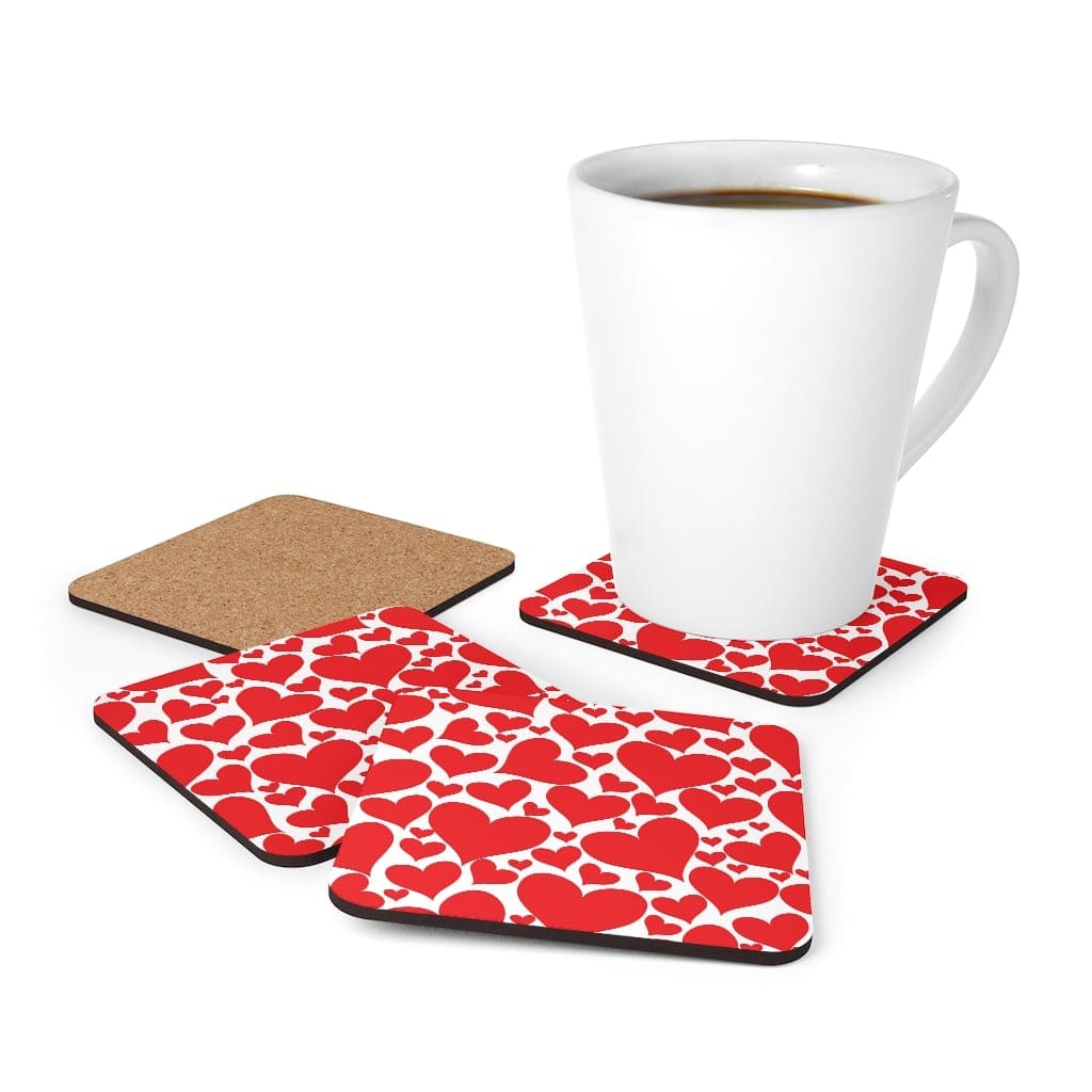 Corkwood Coasters 4 Piece Set featuring Love Red Hearts design, showcasing high-gloss finish and cork backing.