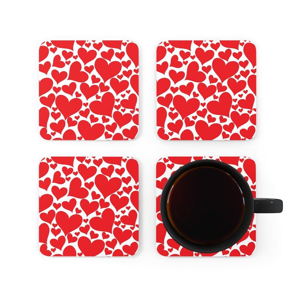 Corkwood Coasters 4 Piece Set featuring Love Red Hearts design, showcasing high-gloss finish and cork backing.