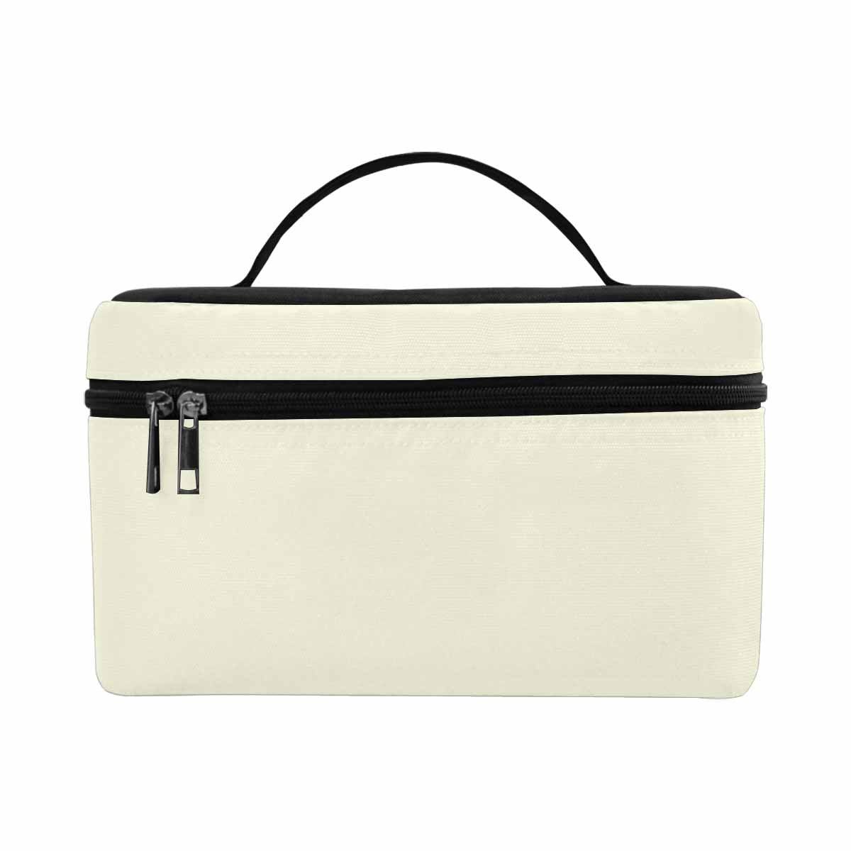 Beige cosmetic bag with multiple compartments and secure zipper closure, perfect for organizing beauty essentials.