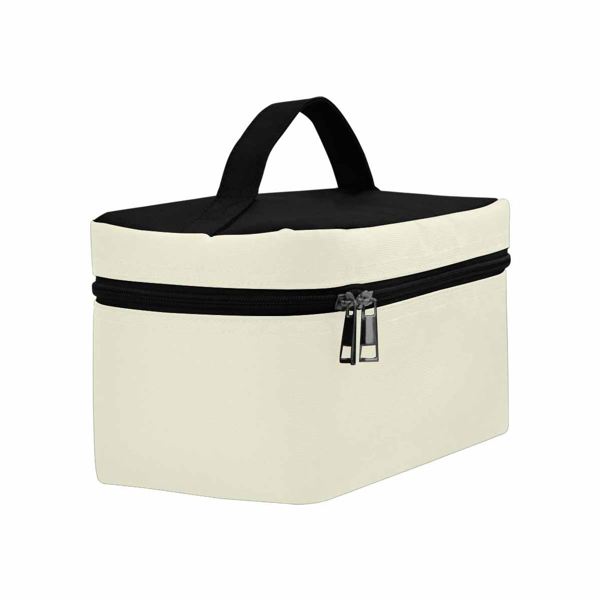 Beige cosmetic bag with multiple compartments and secure zipper closure, perfect for organizing beauty essentials.