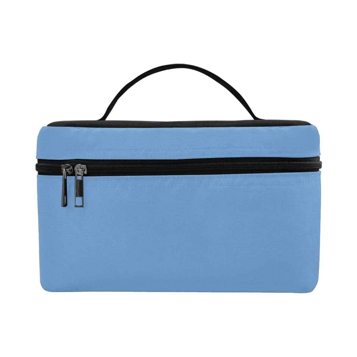 Stylish blue gray cosmetic bag with multiple compartments, perfect for organizing beauty essentials.