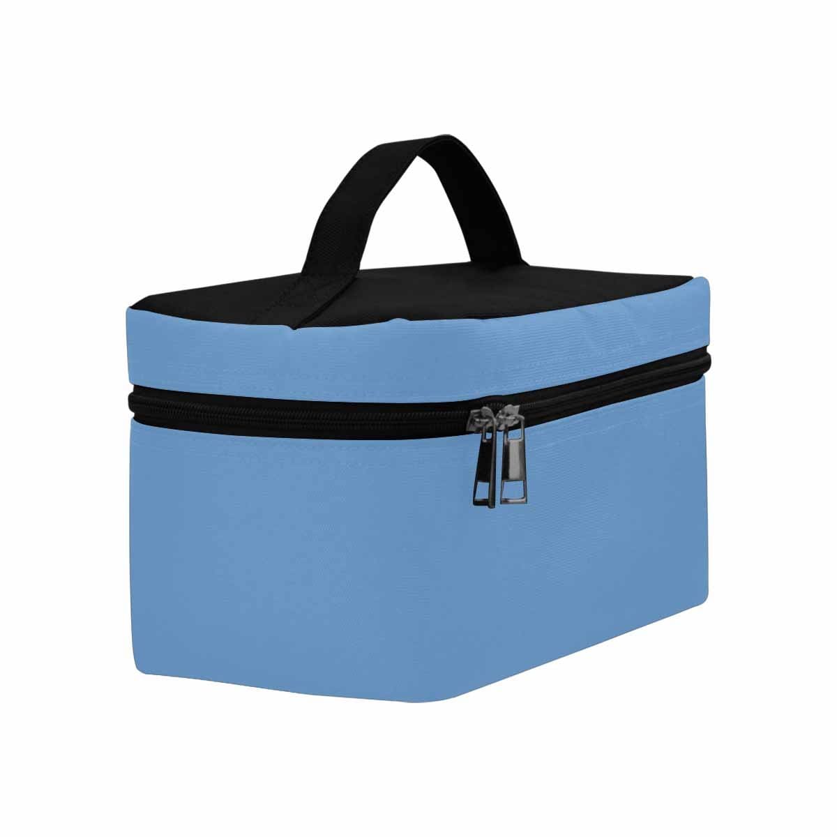 Stylish blue gray cosmetic bag with multiple compartments, perfect for organizing beauty essentials.