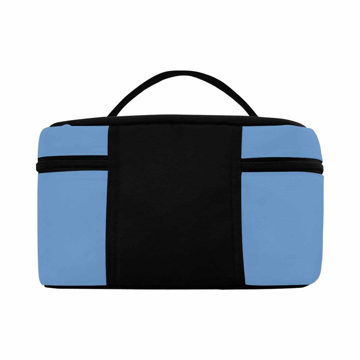 Stylish blue gray cosmetic bag with multiple compartments, perfect for organizing beauty essentials.