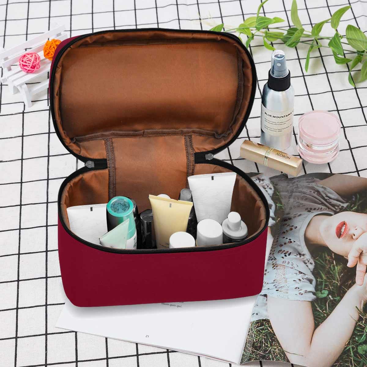 Burgundy Red Cosmetic Bag with multiple compartments and secure zipper closure, ideal for organizing beauty essentials.