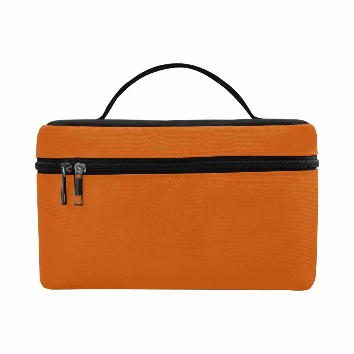 Burnt orange cosmetic bag with multiple compartments, stylish design, and secure zipper closure, perfect for travel and organization.