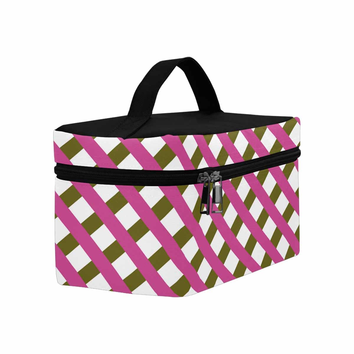 Stylish pink cosmetic bag with crosshatch pattern, featuring a zipper closure and waterproof material, ideal for travel and organization.