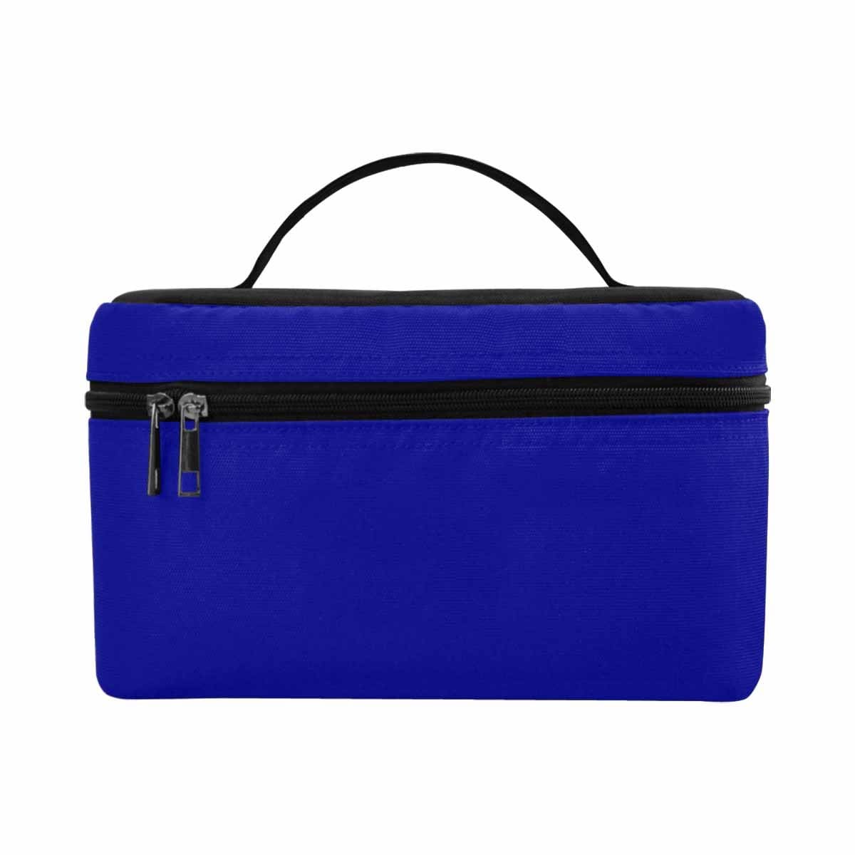 Stylish dark blue cosmetic bag with multiple compartments and secure zipper closure, perfect for travel and daily use.