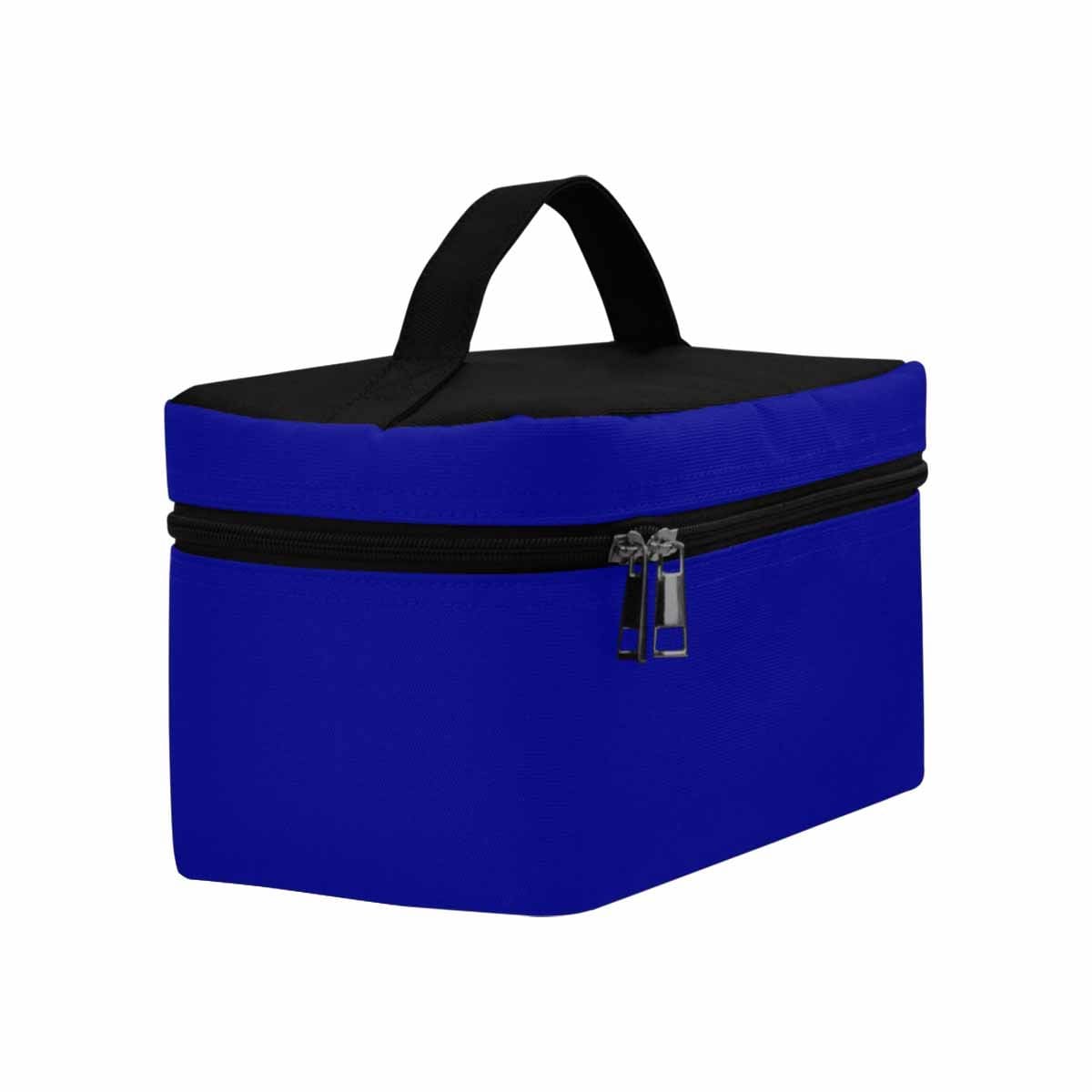 Stylish dark blue cosmetic bag with multiple compartments and secure zipper closure, perfect for travel and daily use.