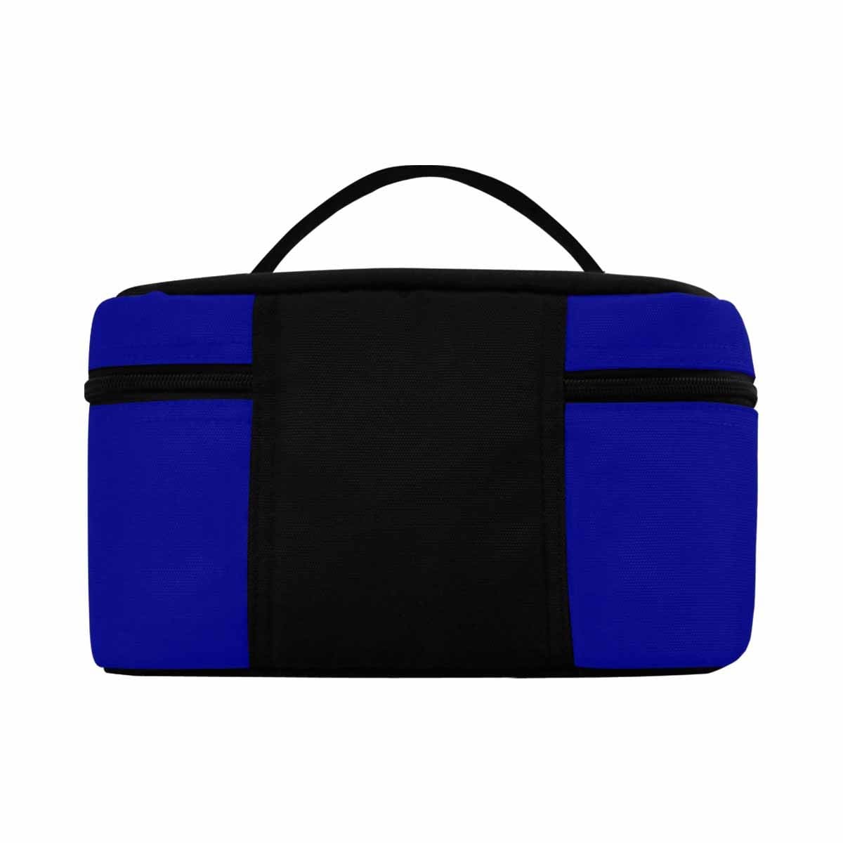 Stylish dark blue cosmetic bag with multiple compartments and secure zipper closure, perfect for travel and daily use.