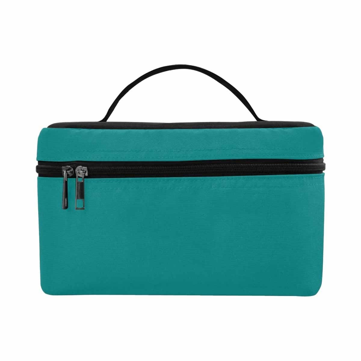 Dark teal green cosmetic bag with multiple compartments and secure zipper closure, perfect for travel and organization.