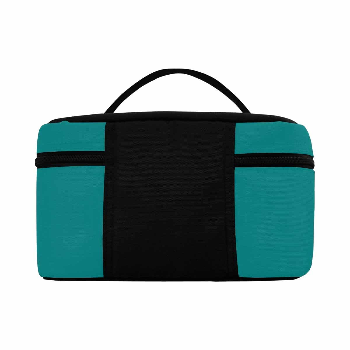 Dark teal green cosmetic bag with multiple compartments and secure zipper closure, perfect for travel and organization.